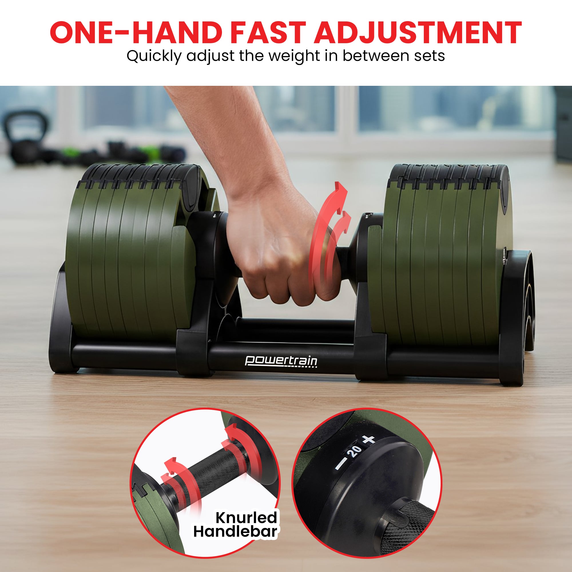 Powertrain Eon Dial-Up 90KG Adjustable Dumbbells Pair - Green