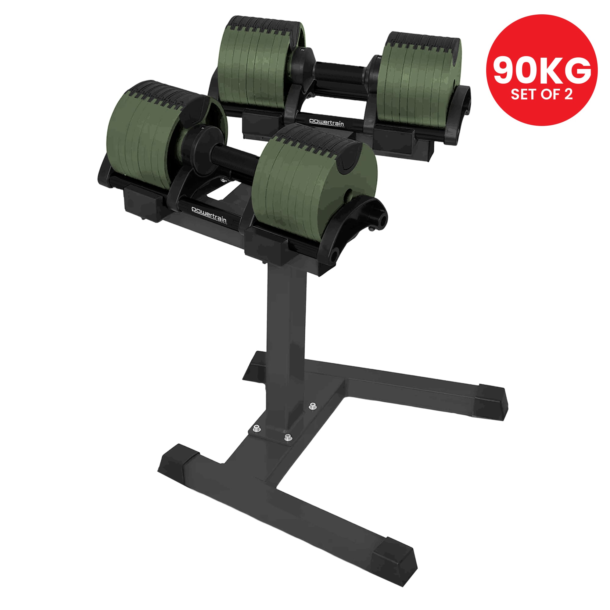 Powertrain Eon Dial-Up 90KG Adjustable Dumbbells Pair with Stand  - Green