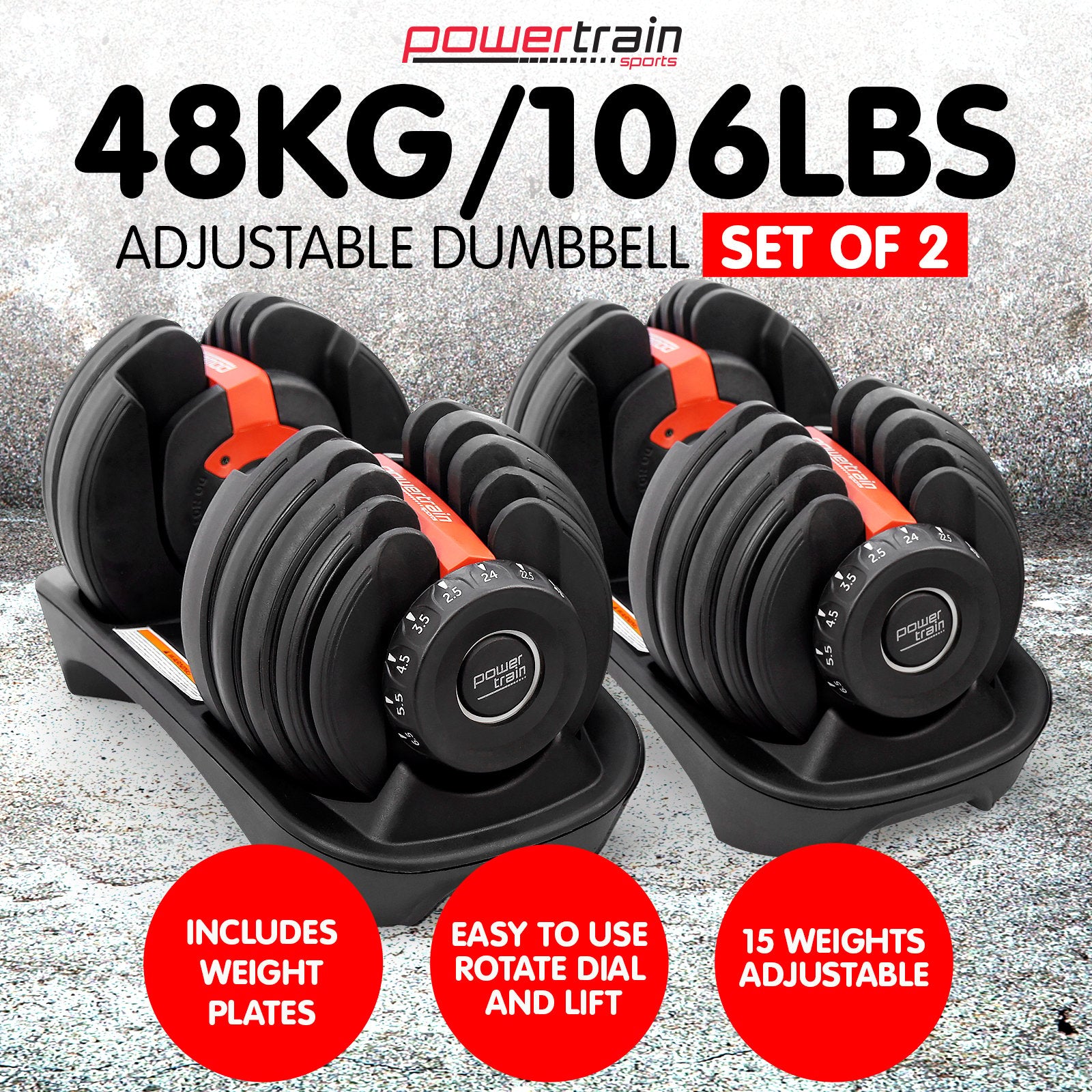 Free Weights: Powertrain 48kg Adjustable Dumbbells 15-in-1 Home Gym Weights  Red