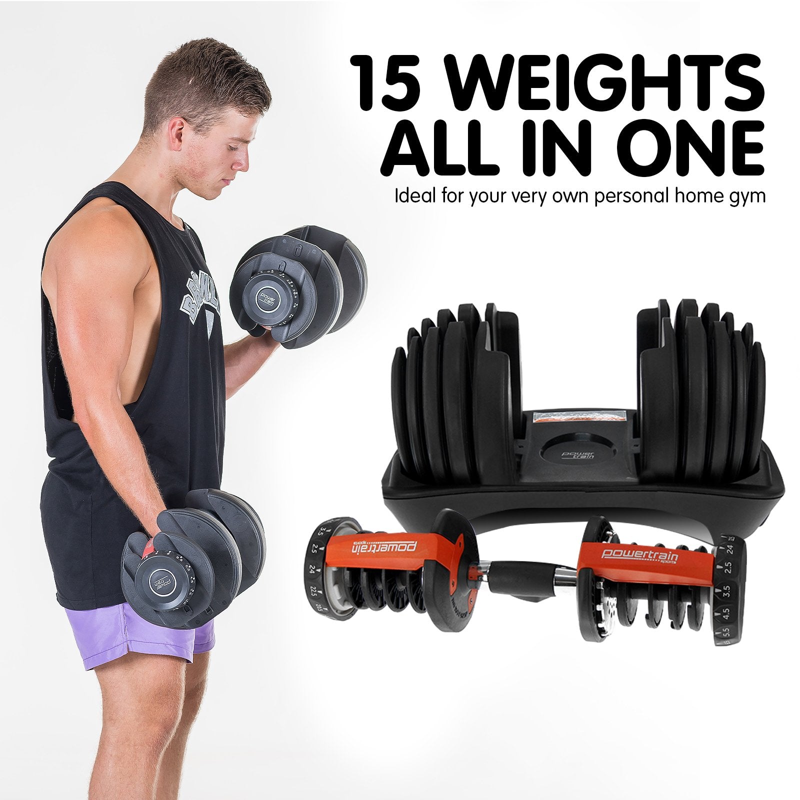 Free Weights: Powertrain 48kg Adjustable Dumbbells 15-in-1 Home Gym Weights  Red