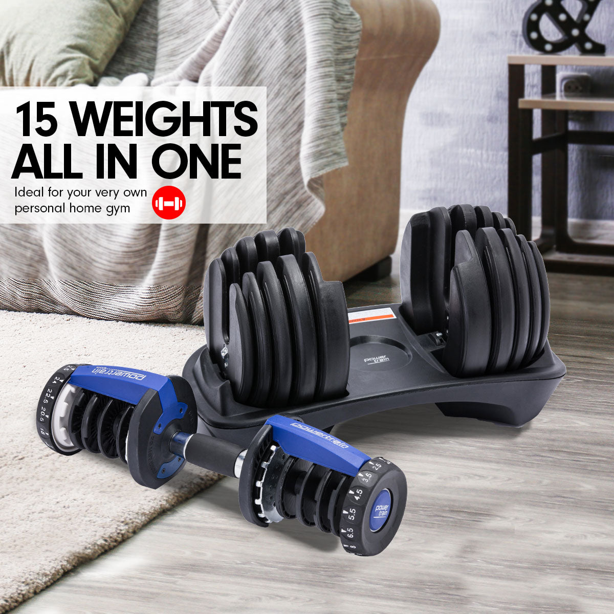 Free Weights: Powertrain 48KG Adjustable Dumbbell Set With Stand Blue