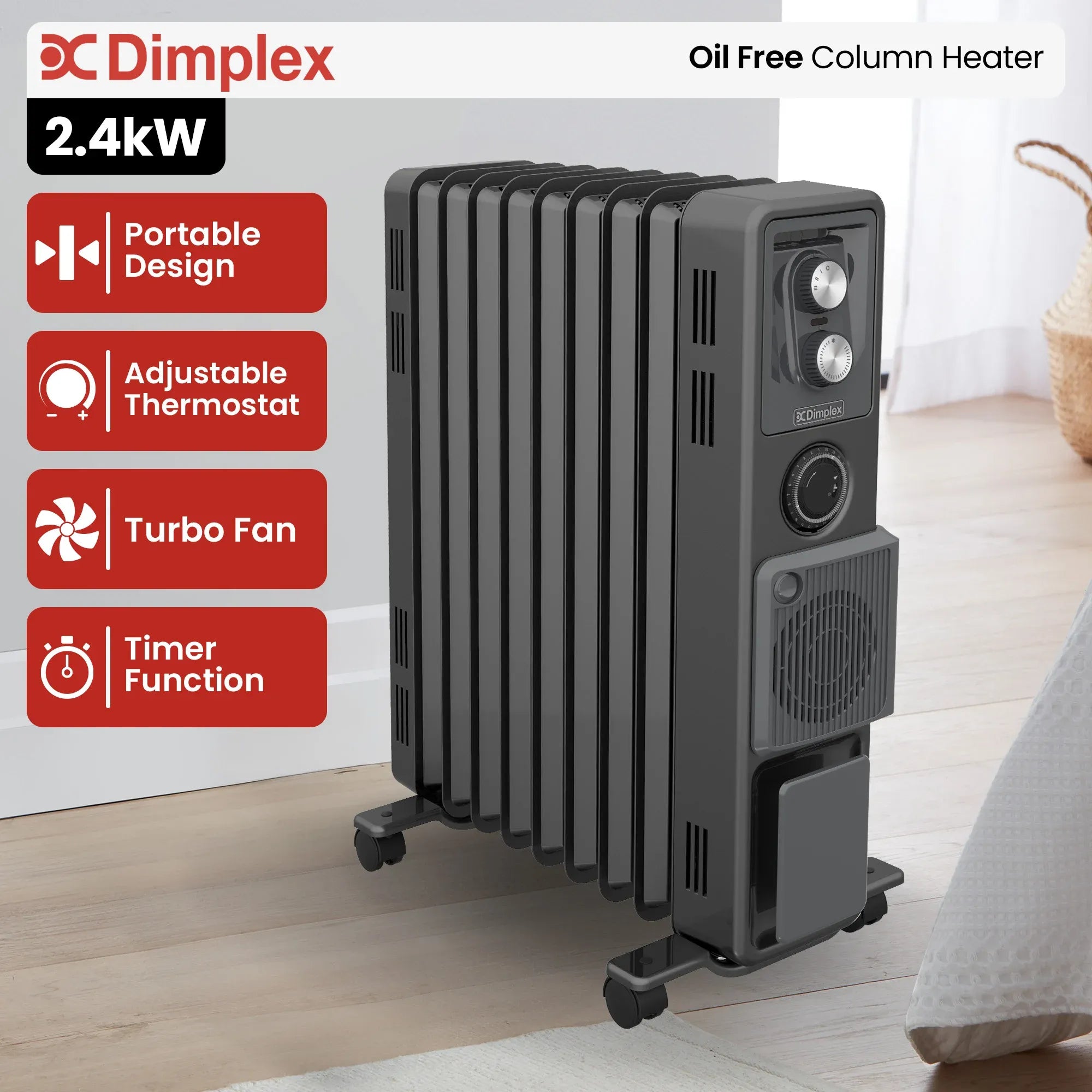 Dimplex Oil Free 2.4kW Column Heater w/ Turbo Fan and Timer in Black