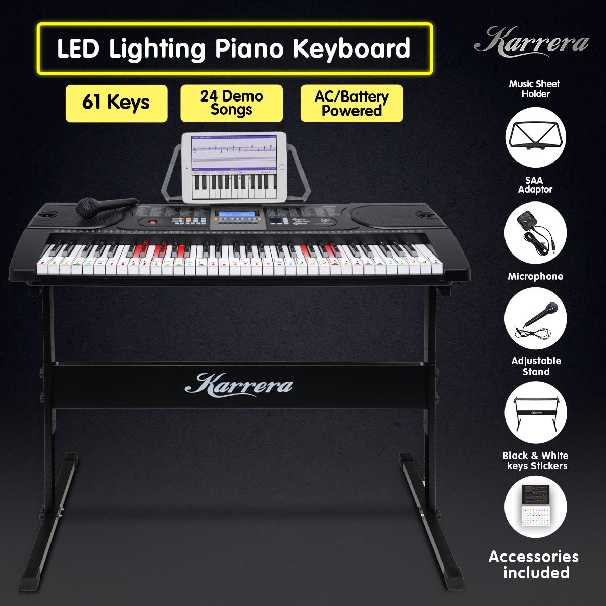 Musical Keyboards: Karrera 61 Keys Electronic LED Keyboard Piano with Stand - Black