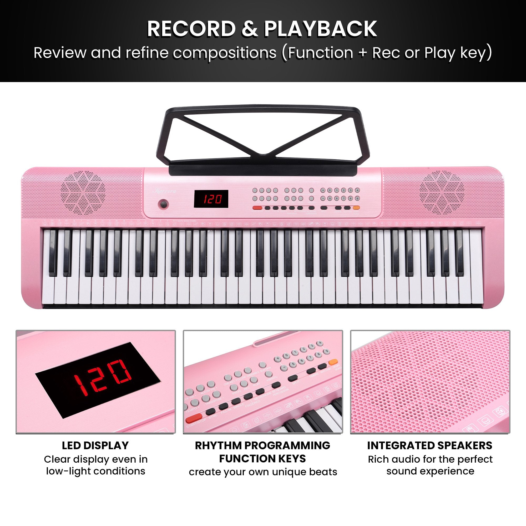 Musical Keyboards: Karrera 61-Key Electronic Piano Keyboard with LED and Folding Stand in Pink CHJ-SD1
