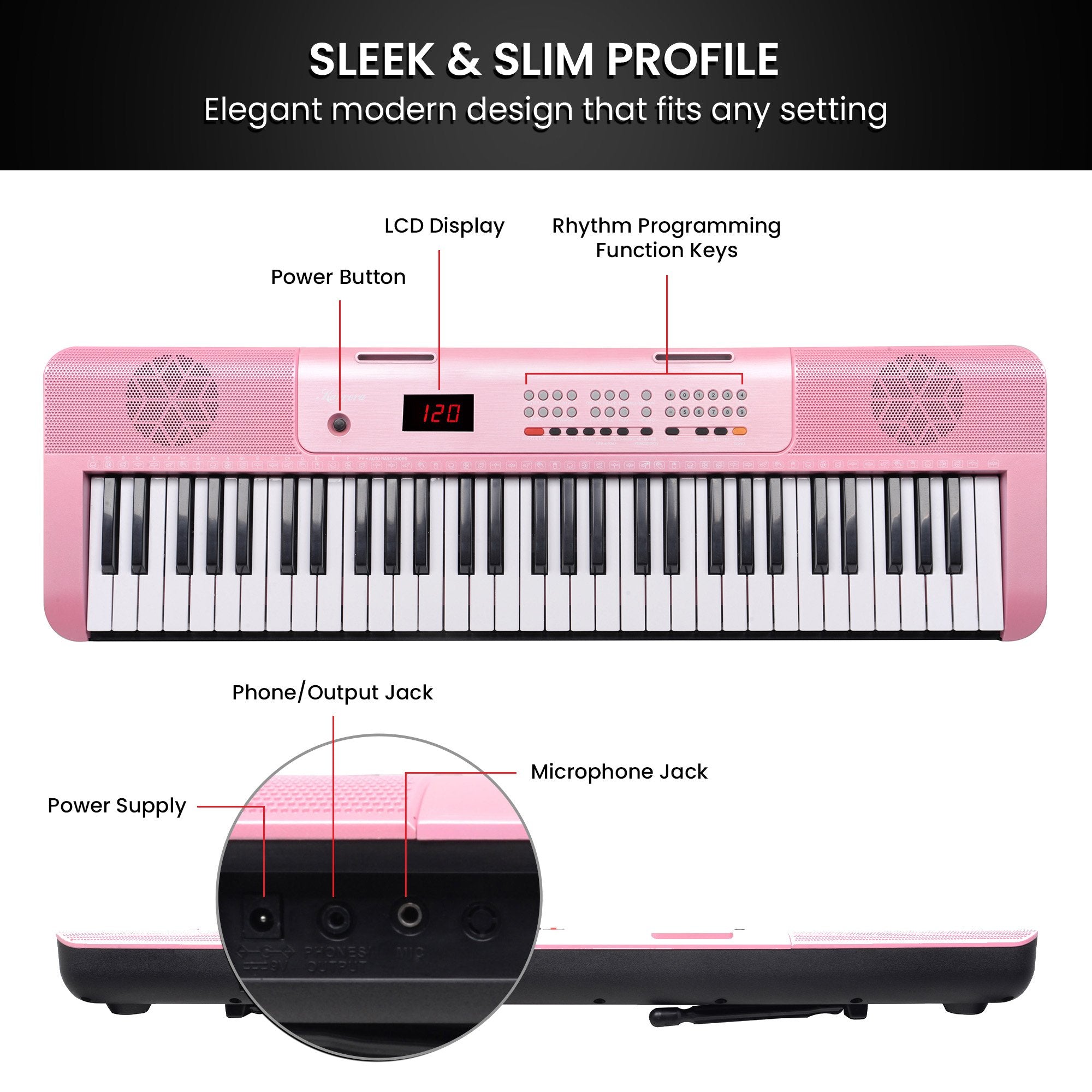 Musical Keyboards: Karrera 61-Key Electronic Piano Keyboard with LED and Folding Stand in Pink CHJ-SD1