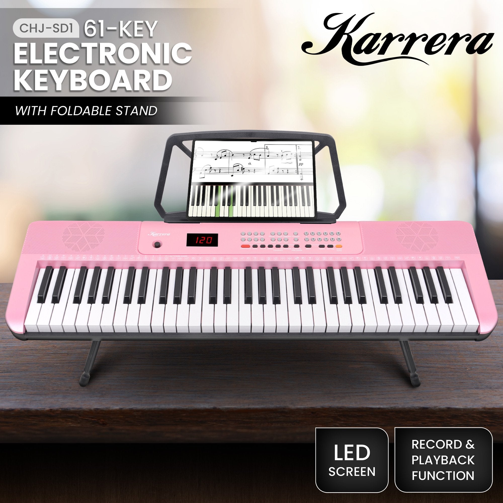 Musical Keyboards: Karrera 61-Key Electronic Piano Keyboard with LED and Folding Stand in Pink CHJ-SD1