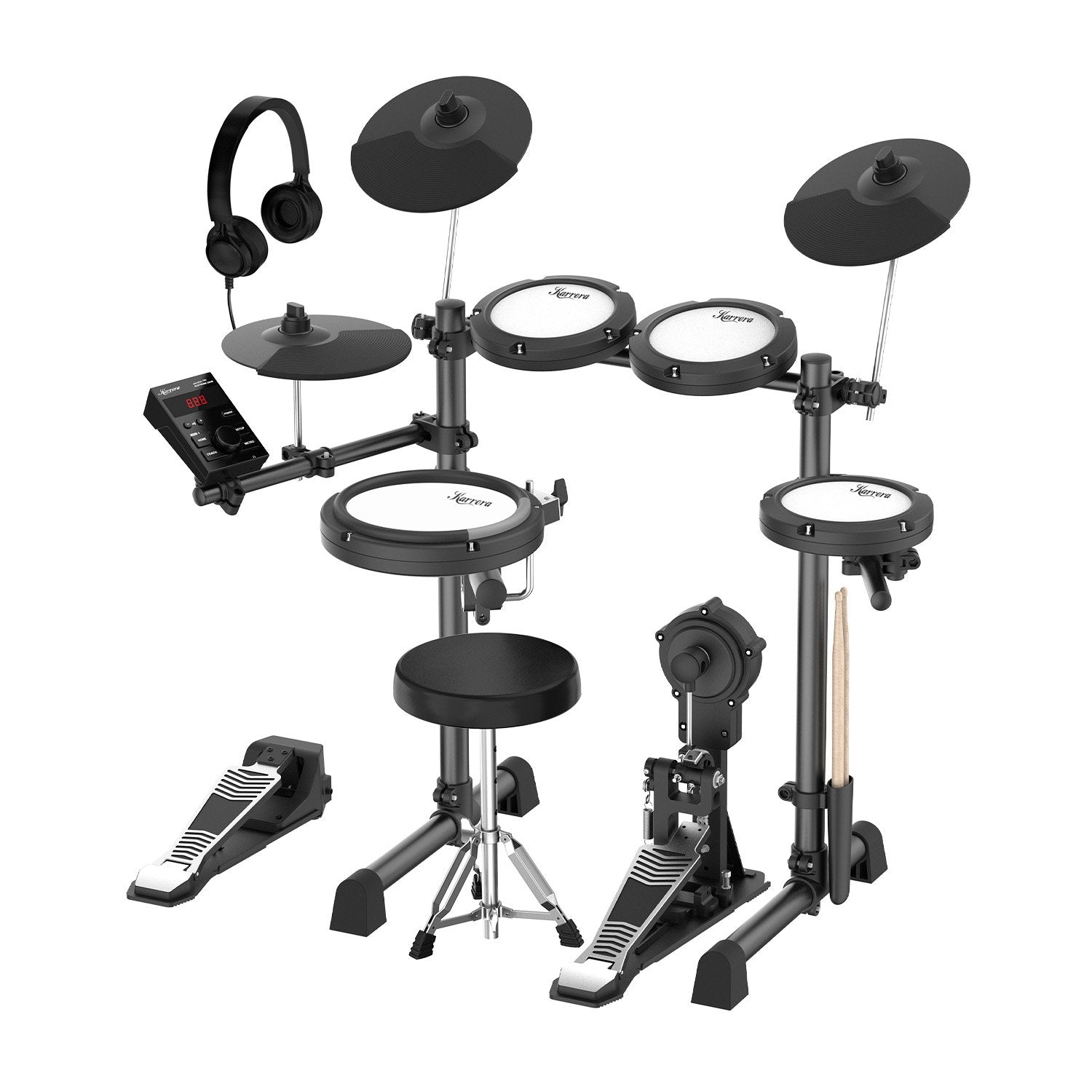 Drums: Karrera 18S Electronic Drum Kit Mesh Pads 8in Snare Bluetooth Sounds USB/MIDI Output Kick Pedals Drum Coach & Metronome