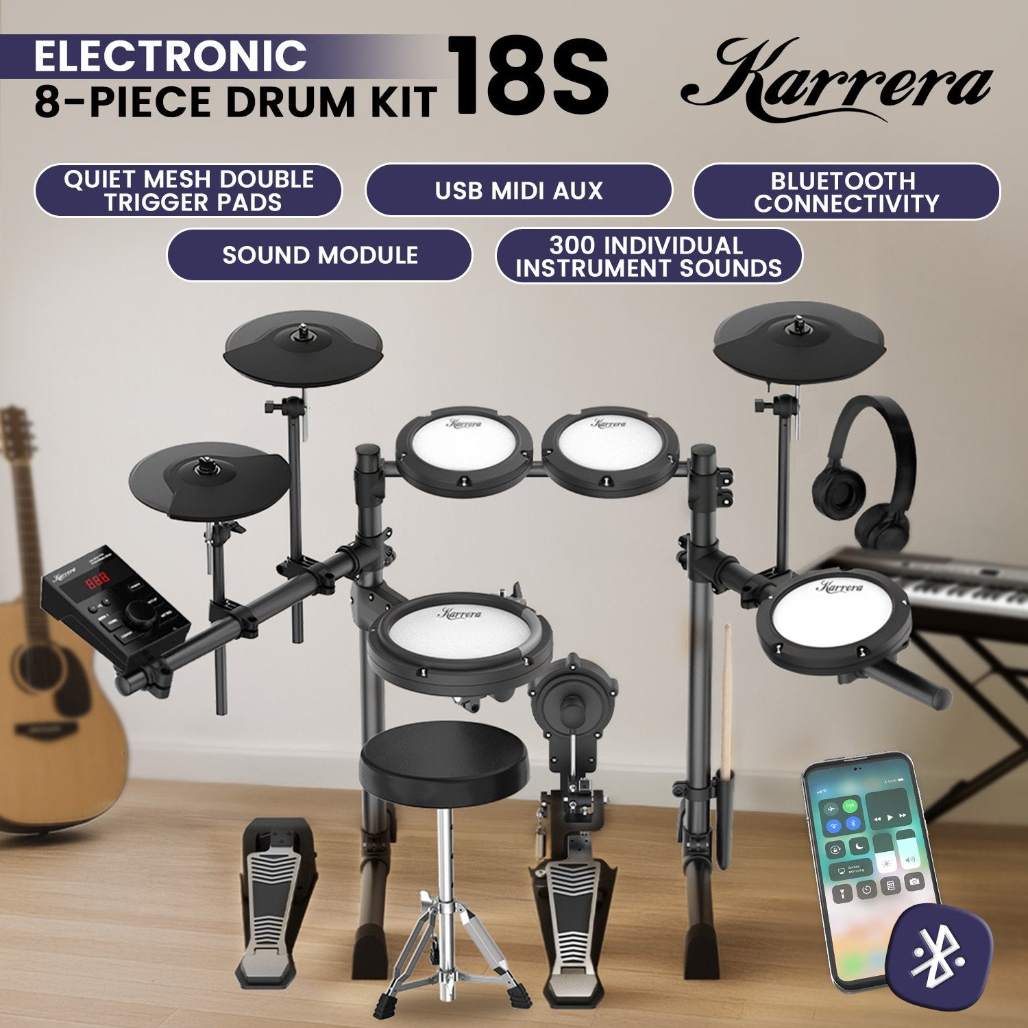 Drums: Karrera 18S Electronic Drum Kit Mesh Pads 8in Snare Bluetooth Sounds USB/MIDI Output Kick Pedals Drum Coach & Metronome