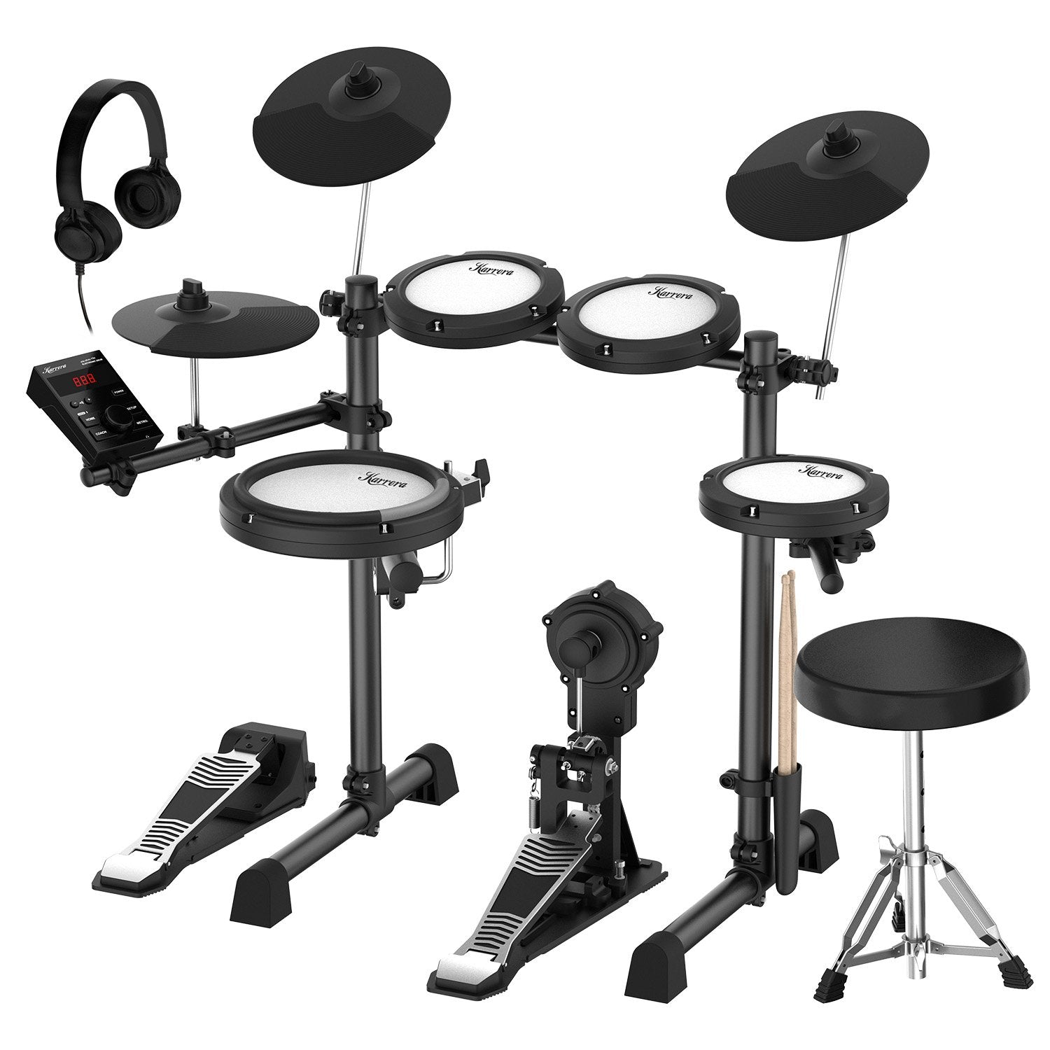 Drums: Karrera 18S Electronic Drum Kit Mesh Pads 8in Snare Bluetooth Sounds USB/MIDI Output Kick Pedals Drum Coach & Metronome