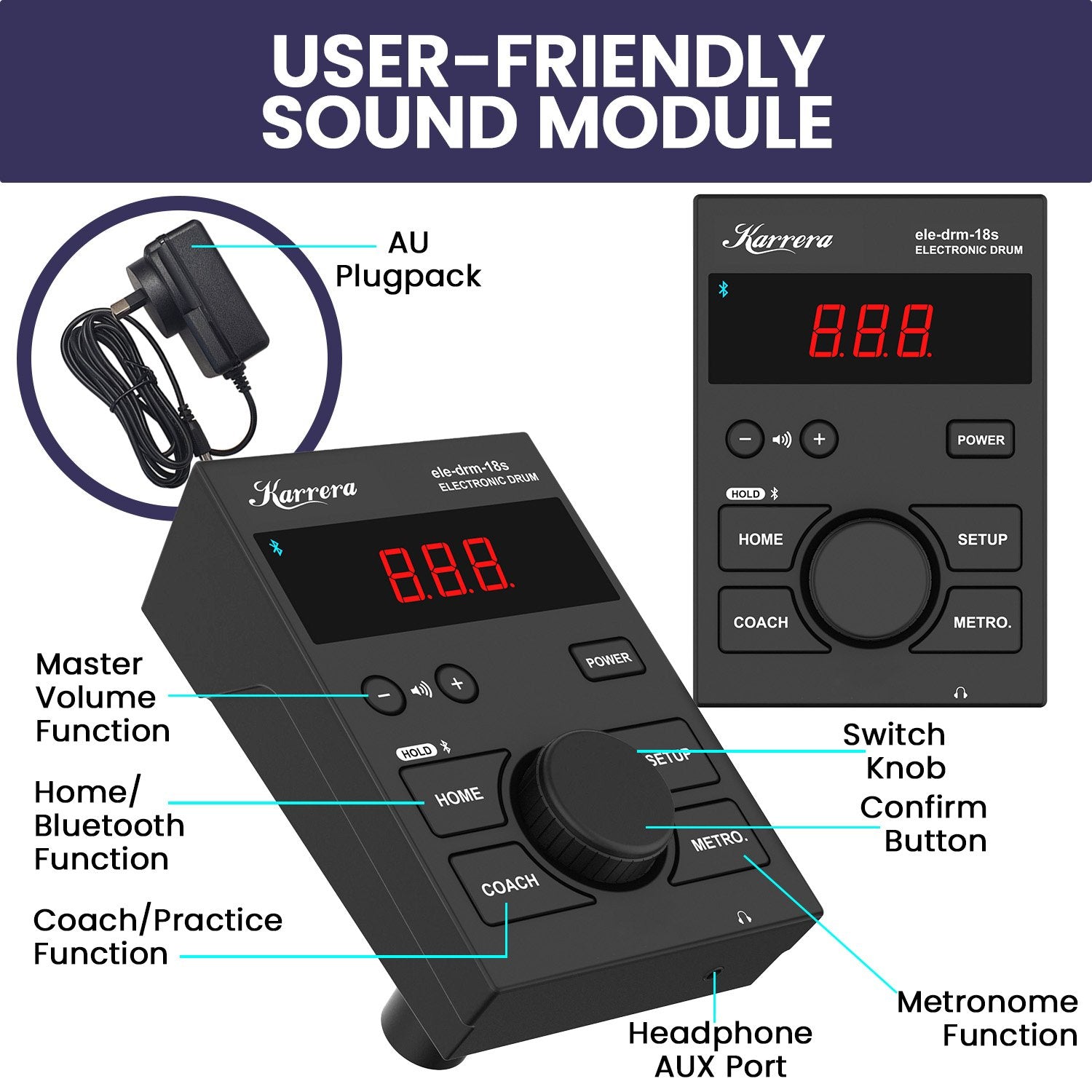 Drums: Karrera 18S Electronic Drum Kit Mesh Pads 8in Snare Bluetooth Sounds USB/MIDI Output Kick Pedals Drum Coach & Metronome