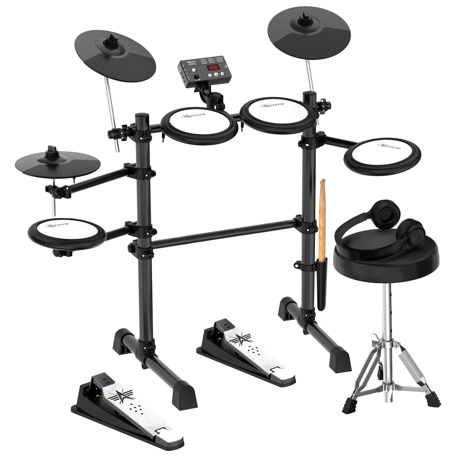 Drums: Karrera TDX-16 Electronic Drum Kit with LCD, Toms, Snares Quiet Mesh Pads & Pedals, Adjustable Stool, Headphones