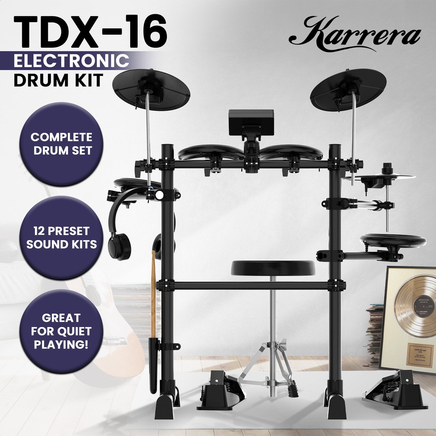 Drums: Karrera TDX-16 Electronic Drum Kit with LCD, Toms, Snares Quiet Mesh Pads & Pedals, Adjustable Stool, Headphones