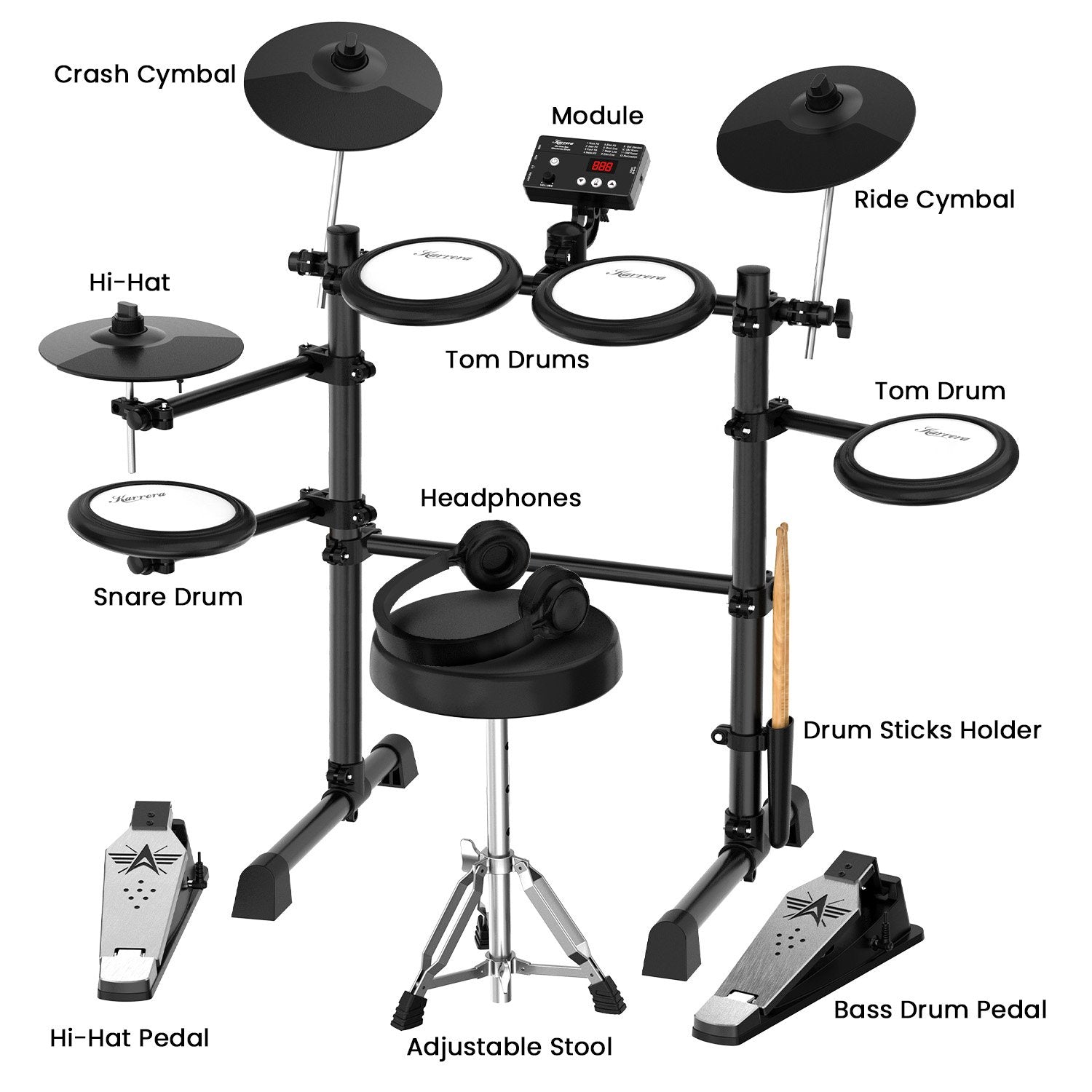 Drums: Karrera TDX-16 Electronic Drum Kit with LCD, Toms, Snares Quiet Mesh Pads & Pedals, Adjustable Stool, Headphones