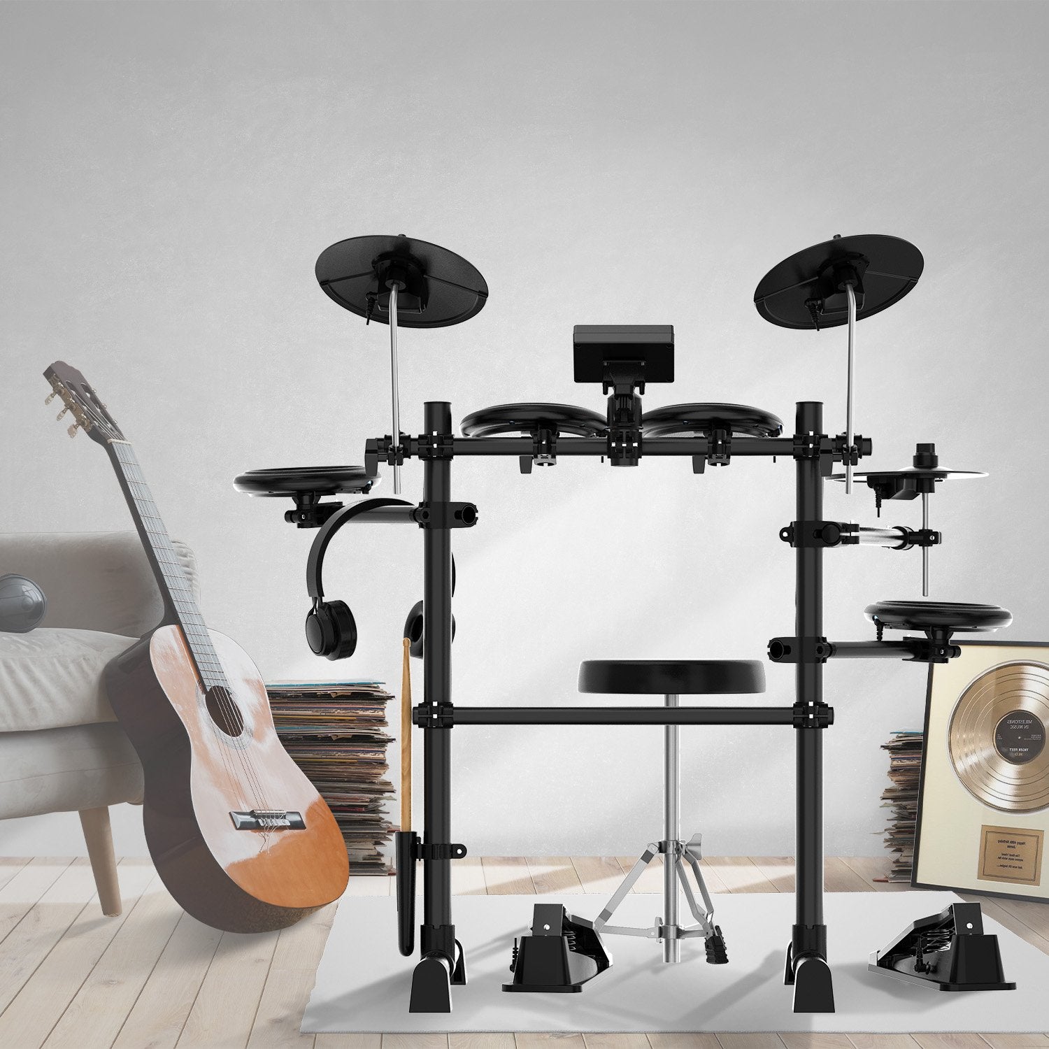 Drums: Karrera TDX-16 Electronic Drum Kit with LCD, Toms, Snares Quiet Mesh Pads & Pedals, Adjustable Stool, Headphones