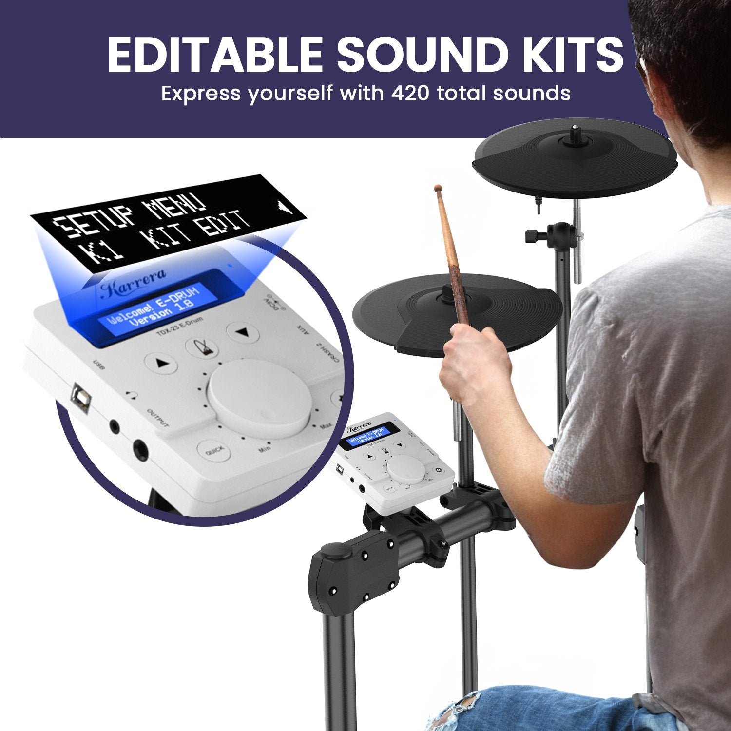 Drums: Karrera X23 Electronic Drum Kit with Sound Module, 3 Toms, Snare Quiet Mesh Drum Heads, Cymbals & Pedal