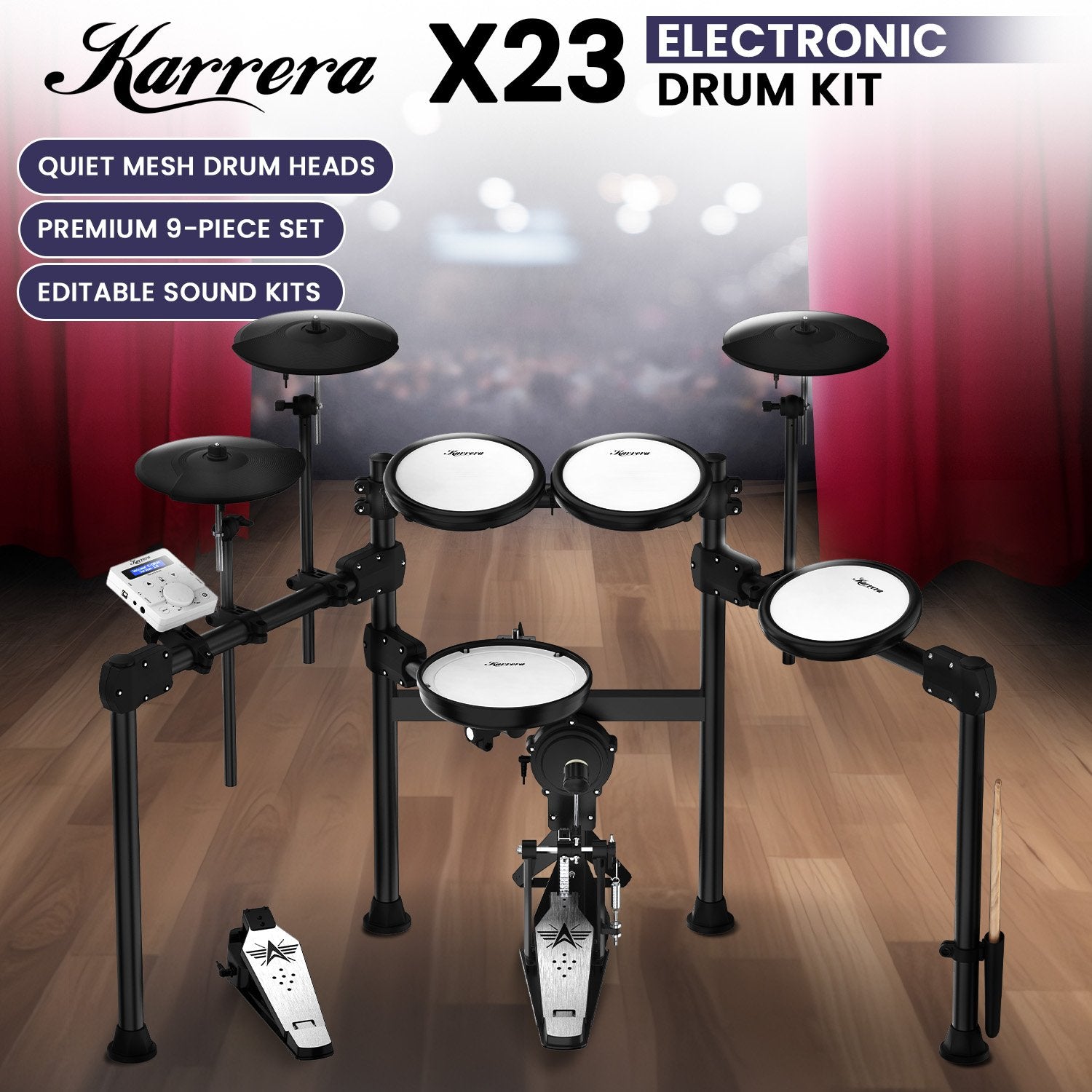 Drums: Karrera X23 Electronic Drum Kit with Sound Module, 3 Toms, Snare Quiet Mesh Drum Heads, Cymbals & Pedal