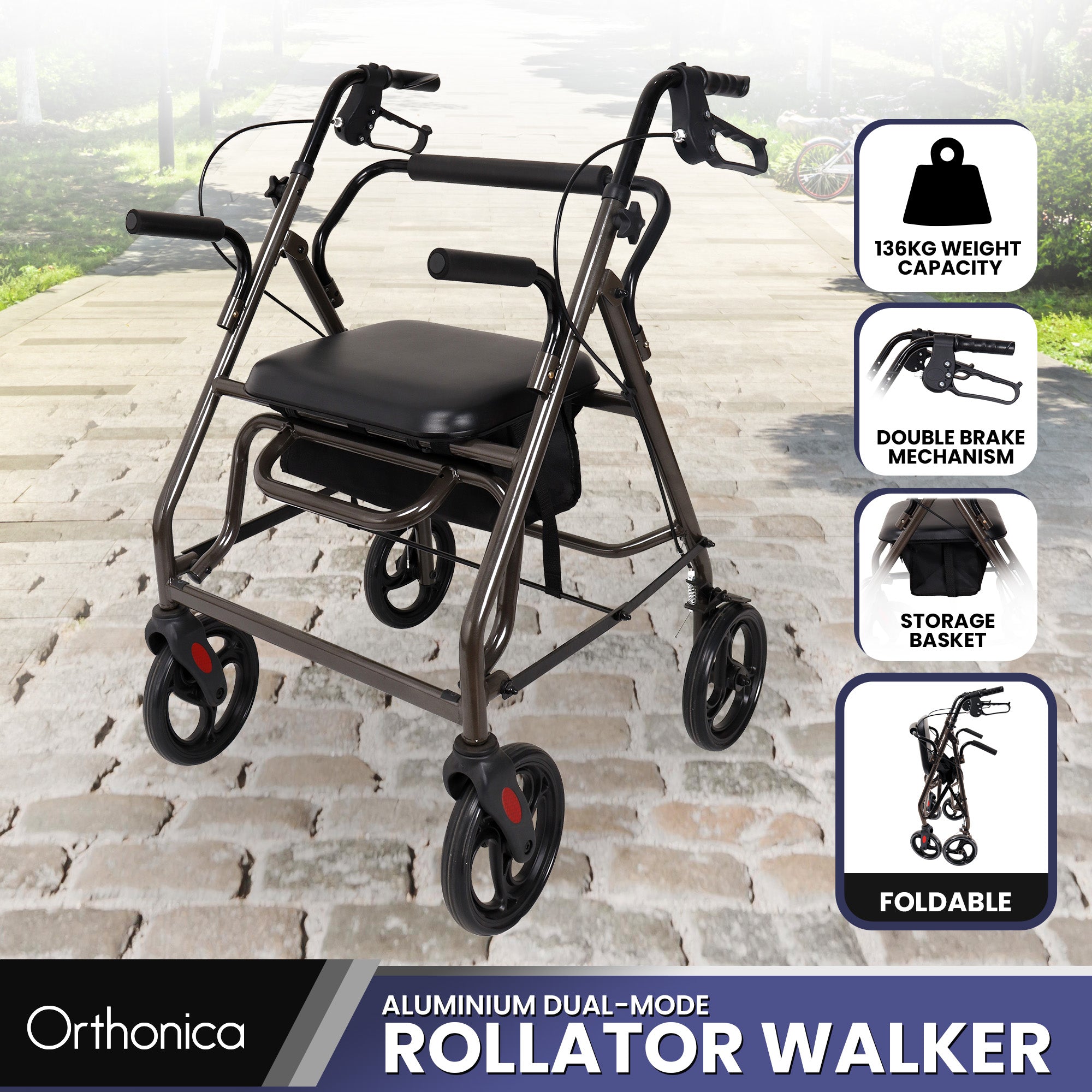 Mobility & Accessibility: Orthonica Foldable Steel Frame Rollator Walker Lightweight Mobility Aid in Grey
