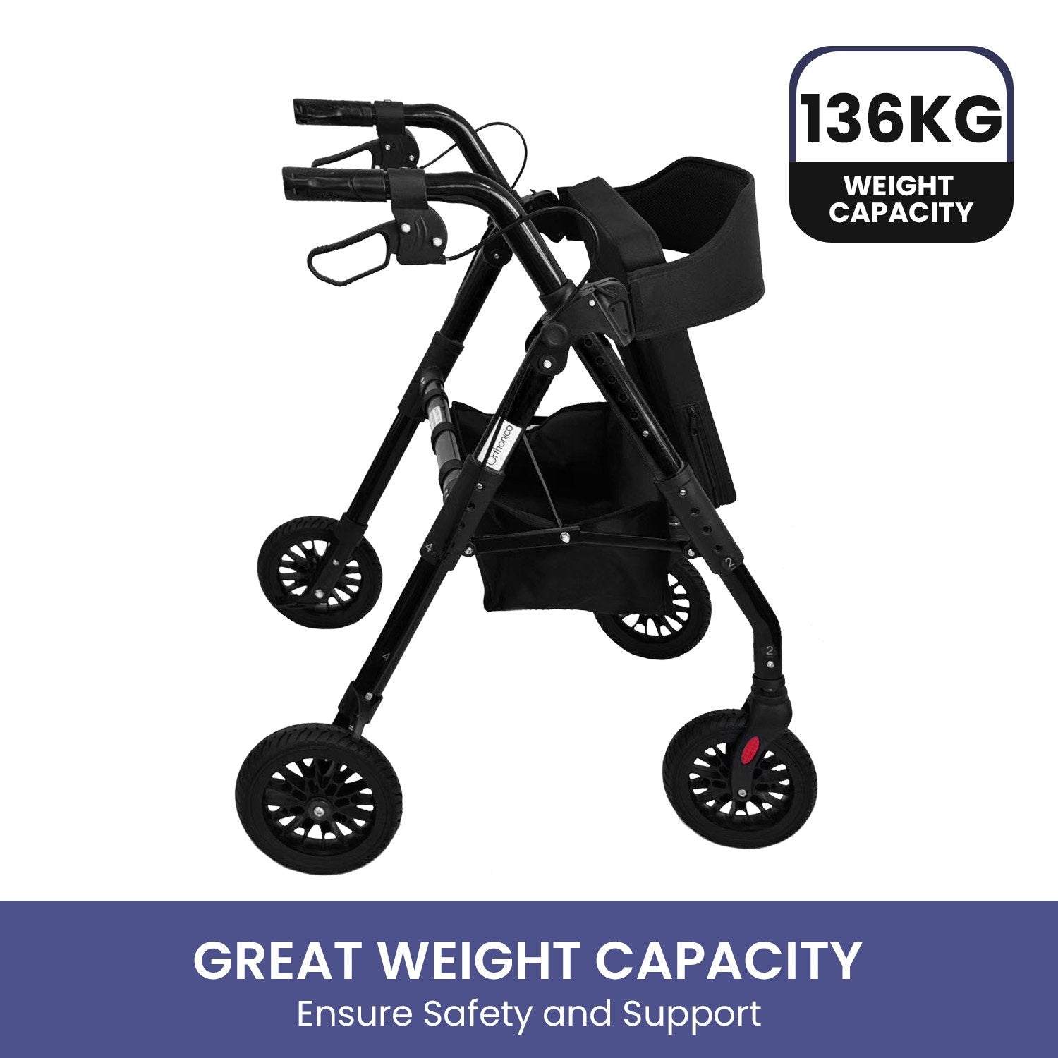 Mobility & Accessibility: Orthonica Foldable Mobility Steel Rollator 136kg Max Capacity Black