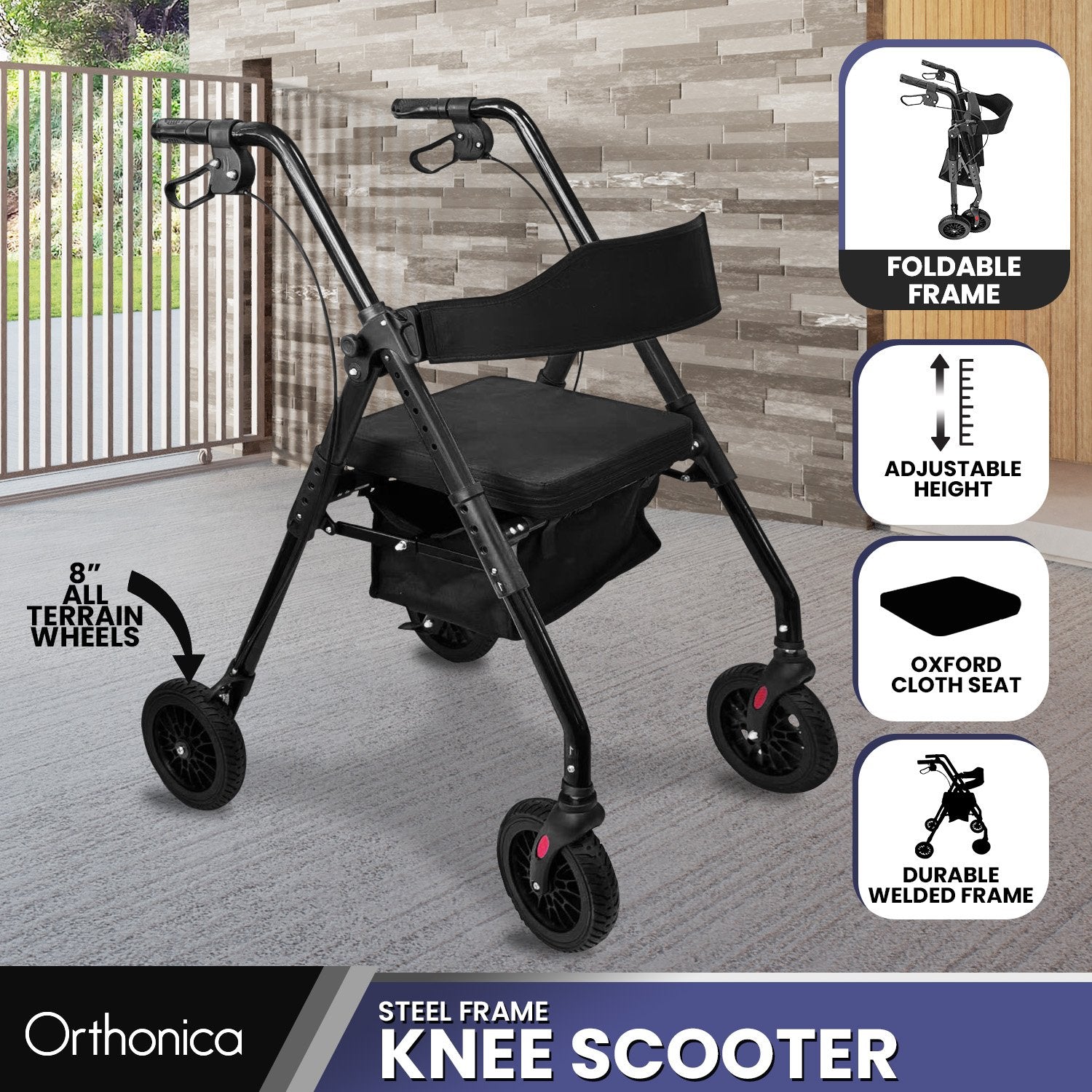 Mobility & Accessibility: Orthonica Foldable Mobility Steel Rollator 136kg Max Capacity Black