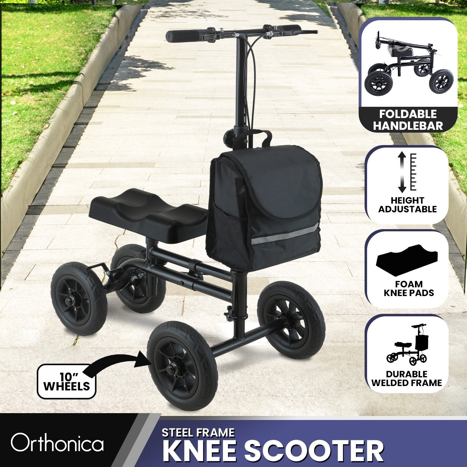 Mobility & Accessibility: Orthonica Mobility Steel Knee Scooter Walker Steerable Ergonomic Foldable Scooter 10-inch Wheels Height Adjustable Steel Frame 136kg Weight Capacity