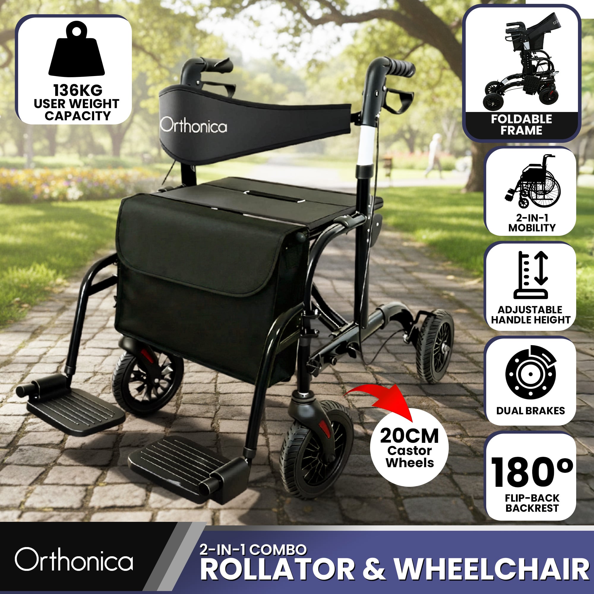 Orthonica Aluminium 2-in-1 Rollator Wheelchair with Foldable Frame â€“ Black & Silver