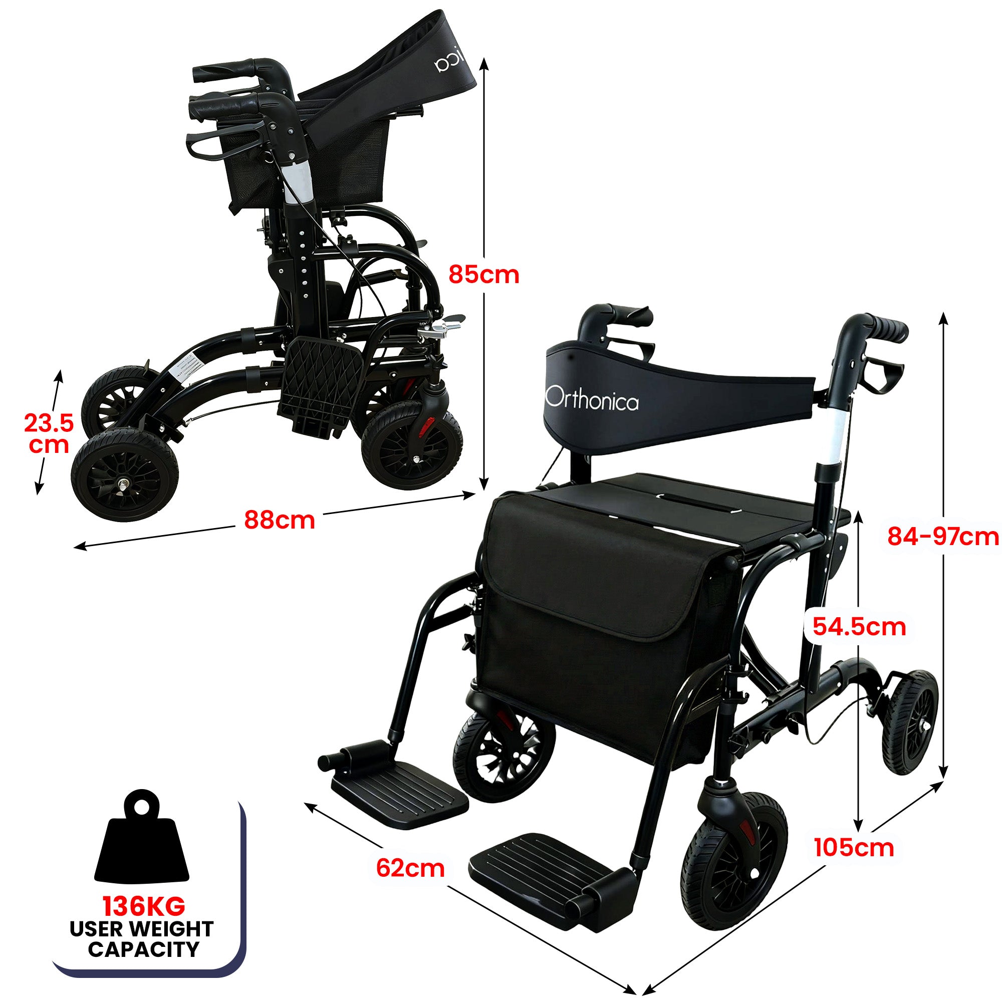 Orthonica Aluminium 2-in-1 Rollator Wheelchair with Foldable Frame â€“ Black & Silver