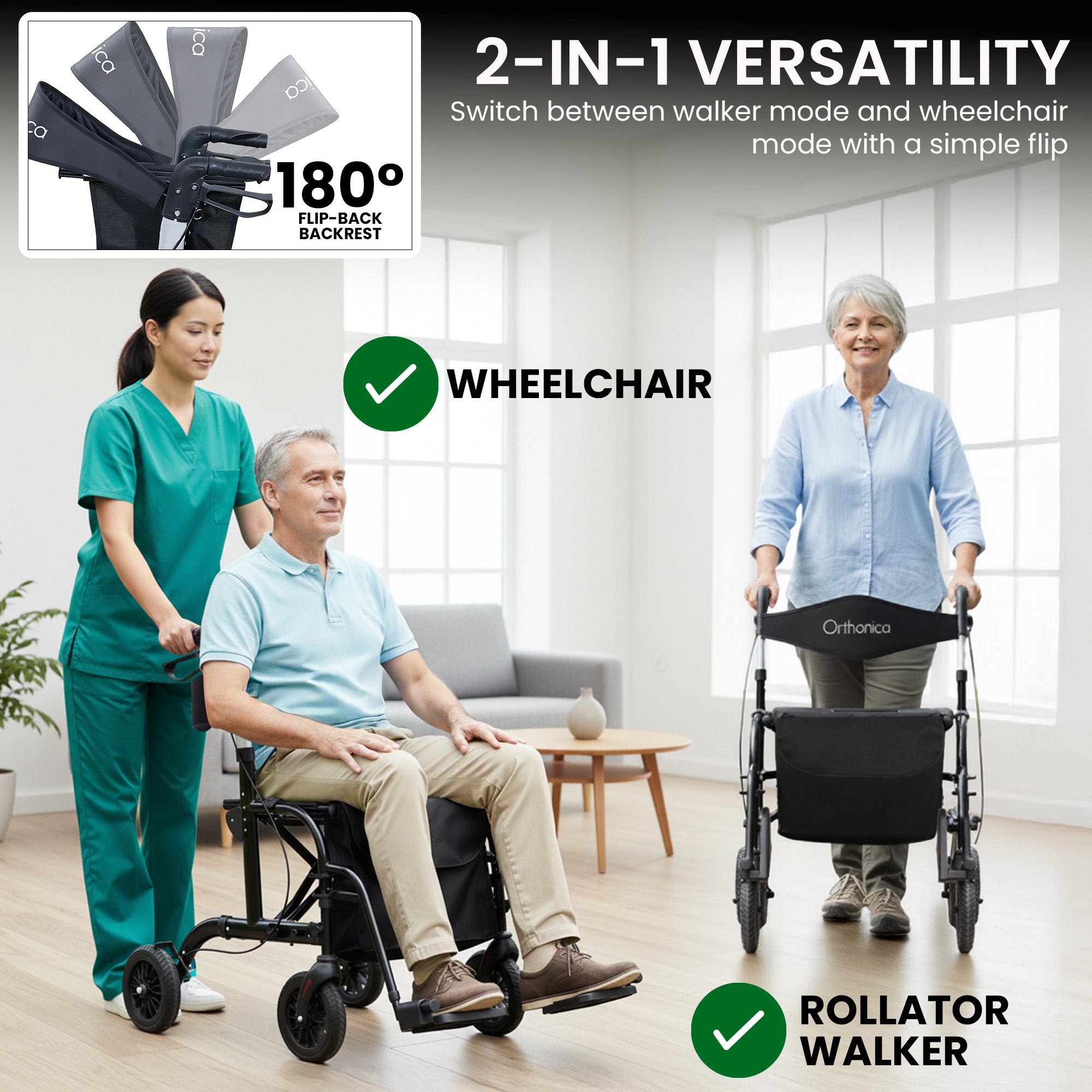 Orthonica Aluminium 2-in-1 Rollator Wheelchair with Foldable Frame â€“ Black & Silver