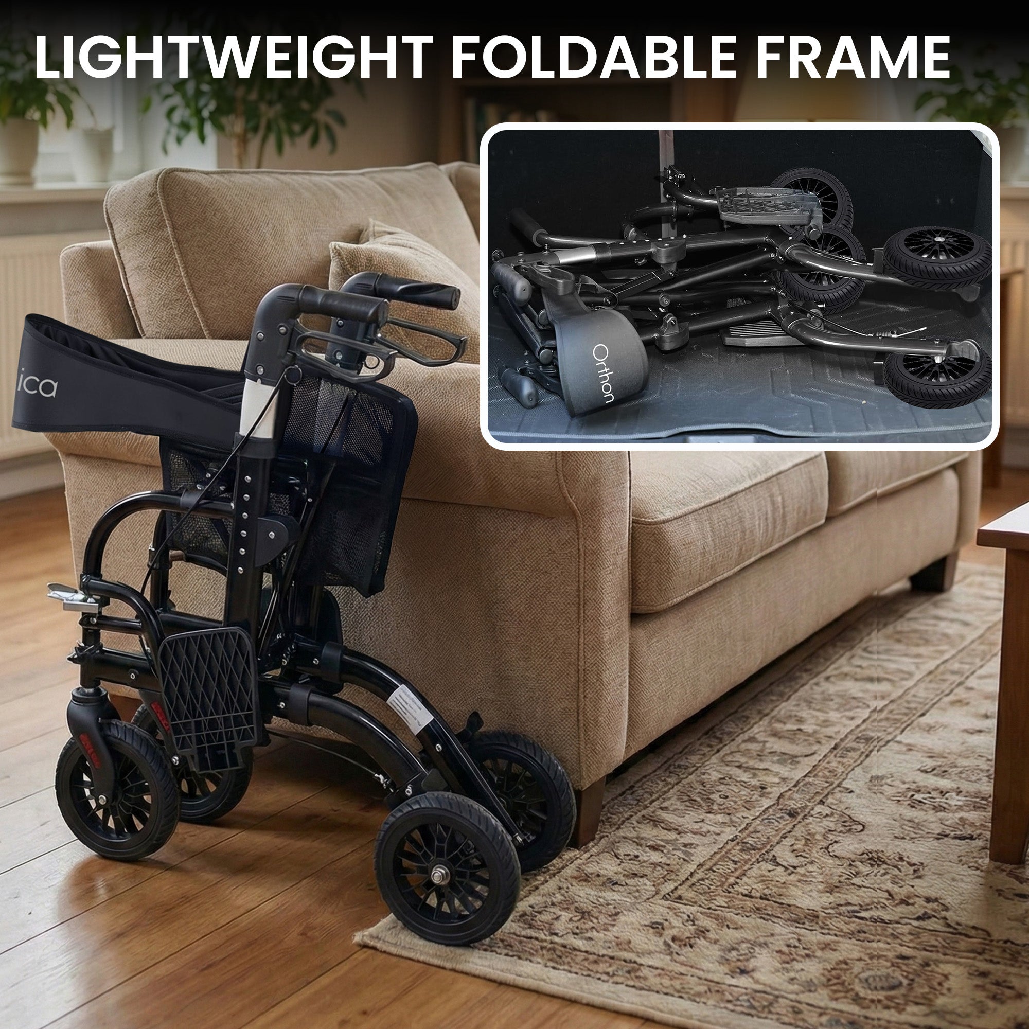 Orthonica Aluminium 2-in-1 Rollator Wheelchair with Foldable Frame â€“ Black & Silver