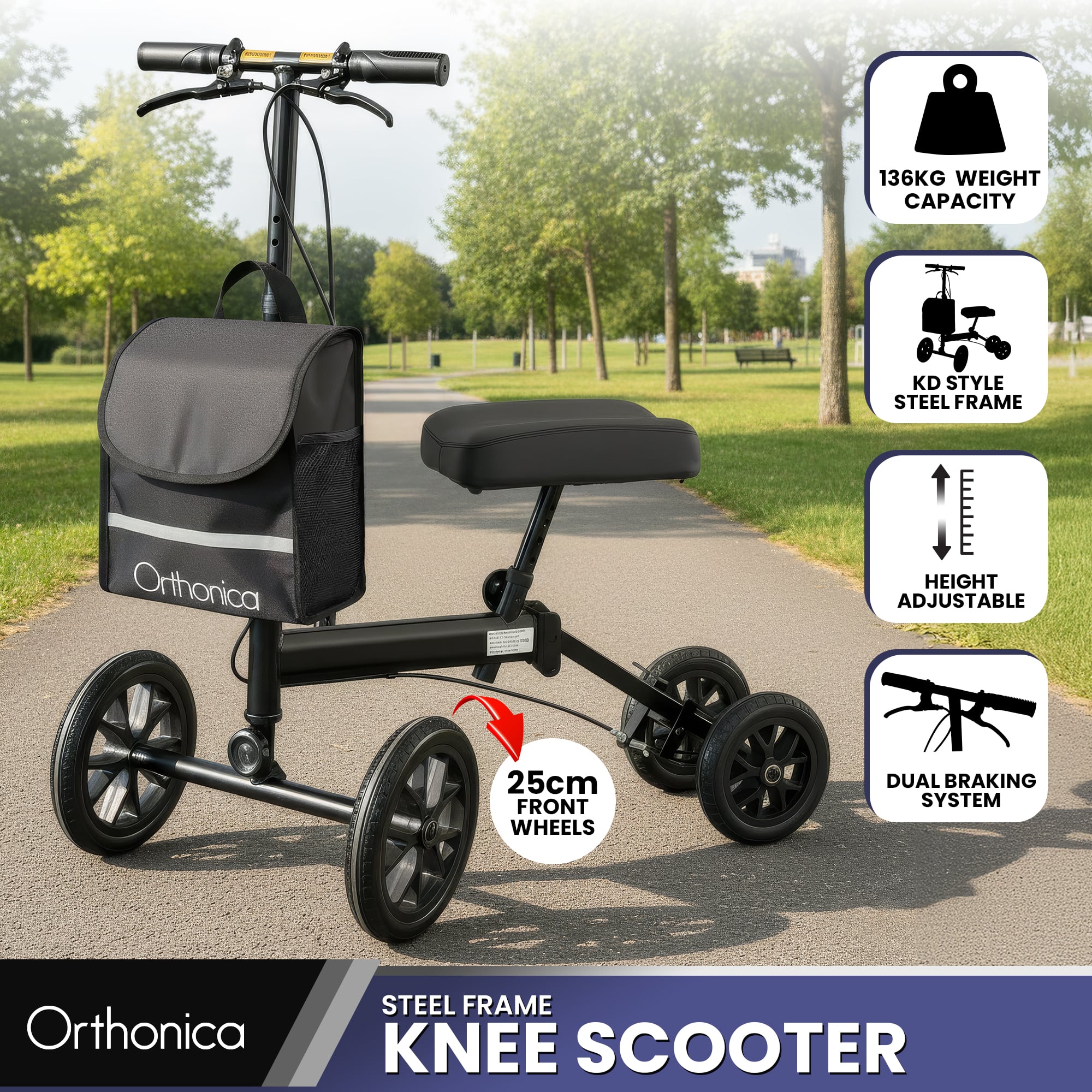 Orthonica Knee Walker with Adjustable Pad and Dual Brakes