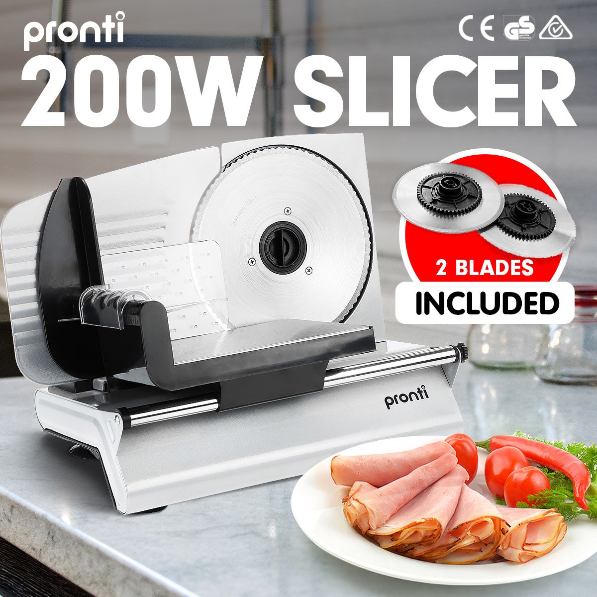Pronti White Electric Food Slicer 200W with Adjustable Thickness 1 to 15mm Serrated and Fine Edge Stainless Steel Blades