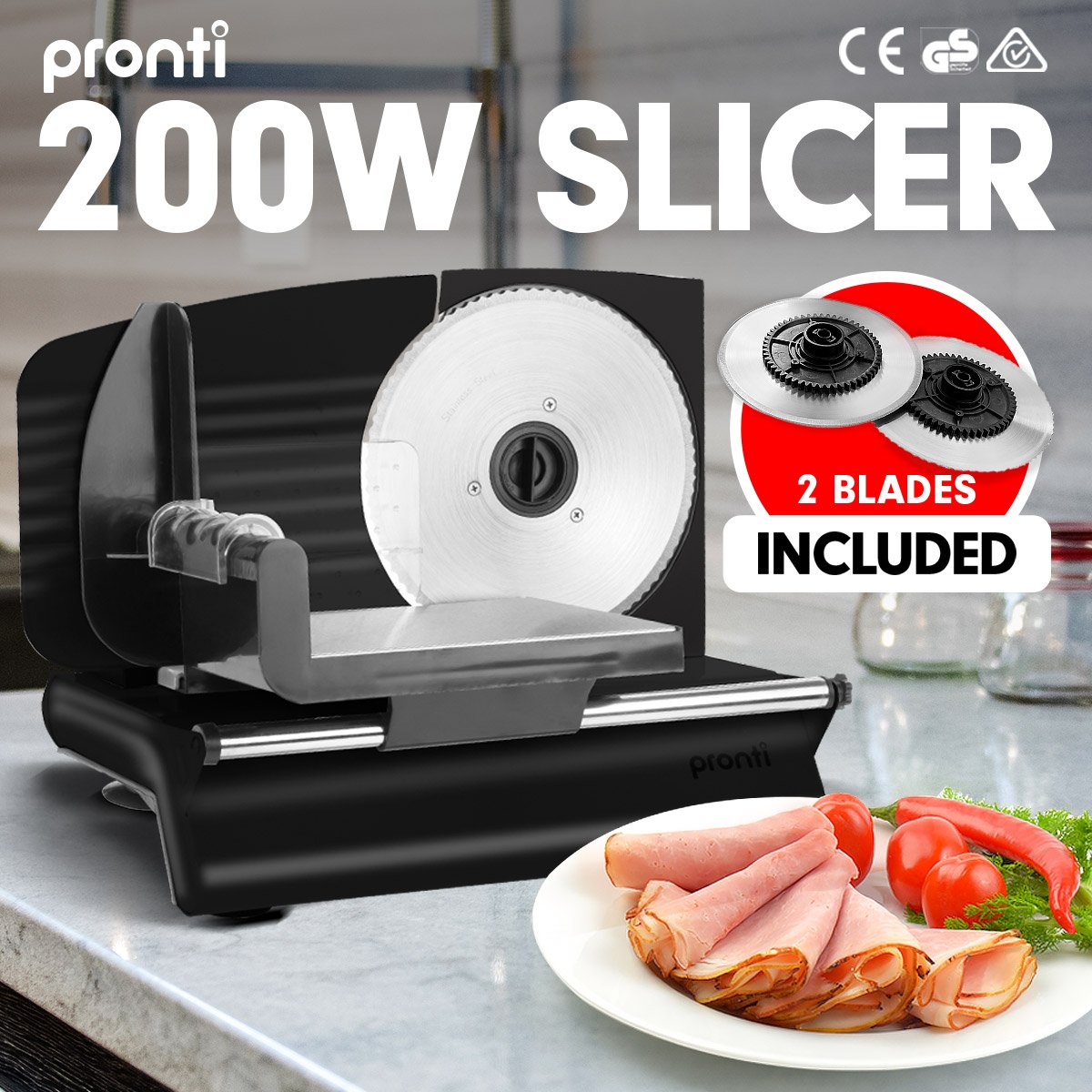 Pronti Black Electric Food Slicer 200W with Adjustable Thickness 1 to 15mm Serrated and Fine Edge Stainless Steel Blades
