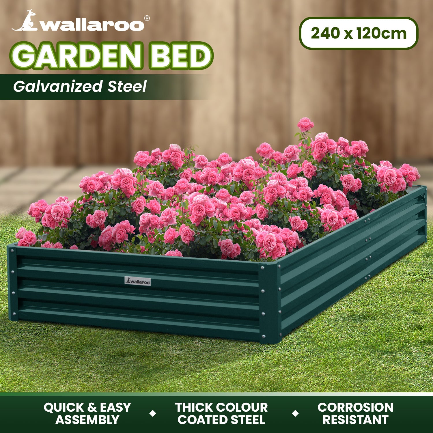 Beds & Bed Frames: Wallaroo Garden Bed 240 x 120 x 30cm Galvanized Steel - Green
