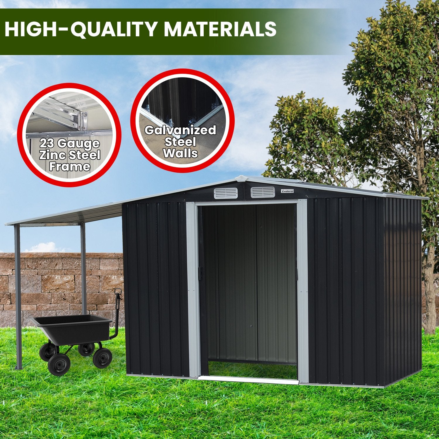 Sheds: Wallaroo 4x8ft Zinc Steel Garden Shed with Open Storage - Black