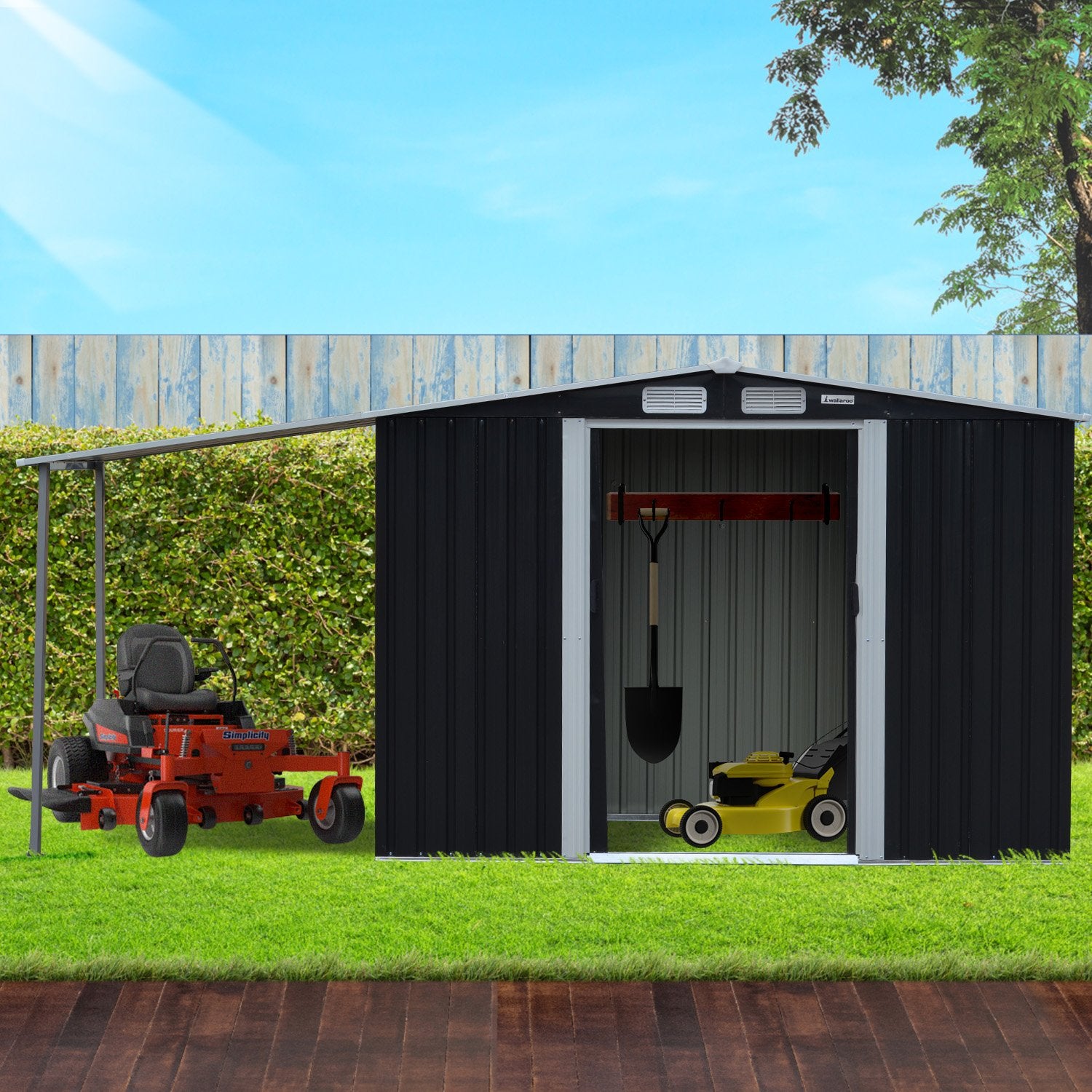 Sheds: Wallaroo 4x8ft Zinc Steel Garden Shed with Open Storage - Black
