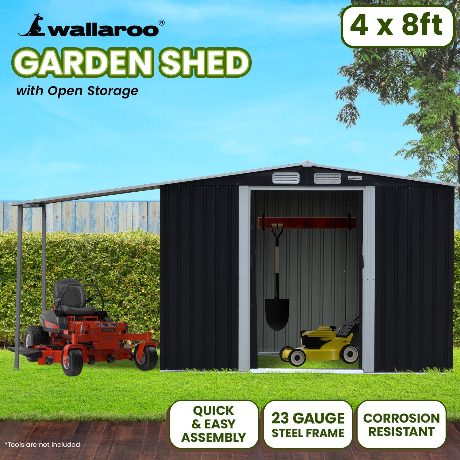 Sheds: Wallaroo 4x8ft Zinc Steel Garden Shed with Open Storage - Black