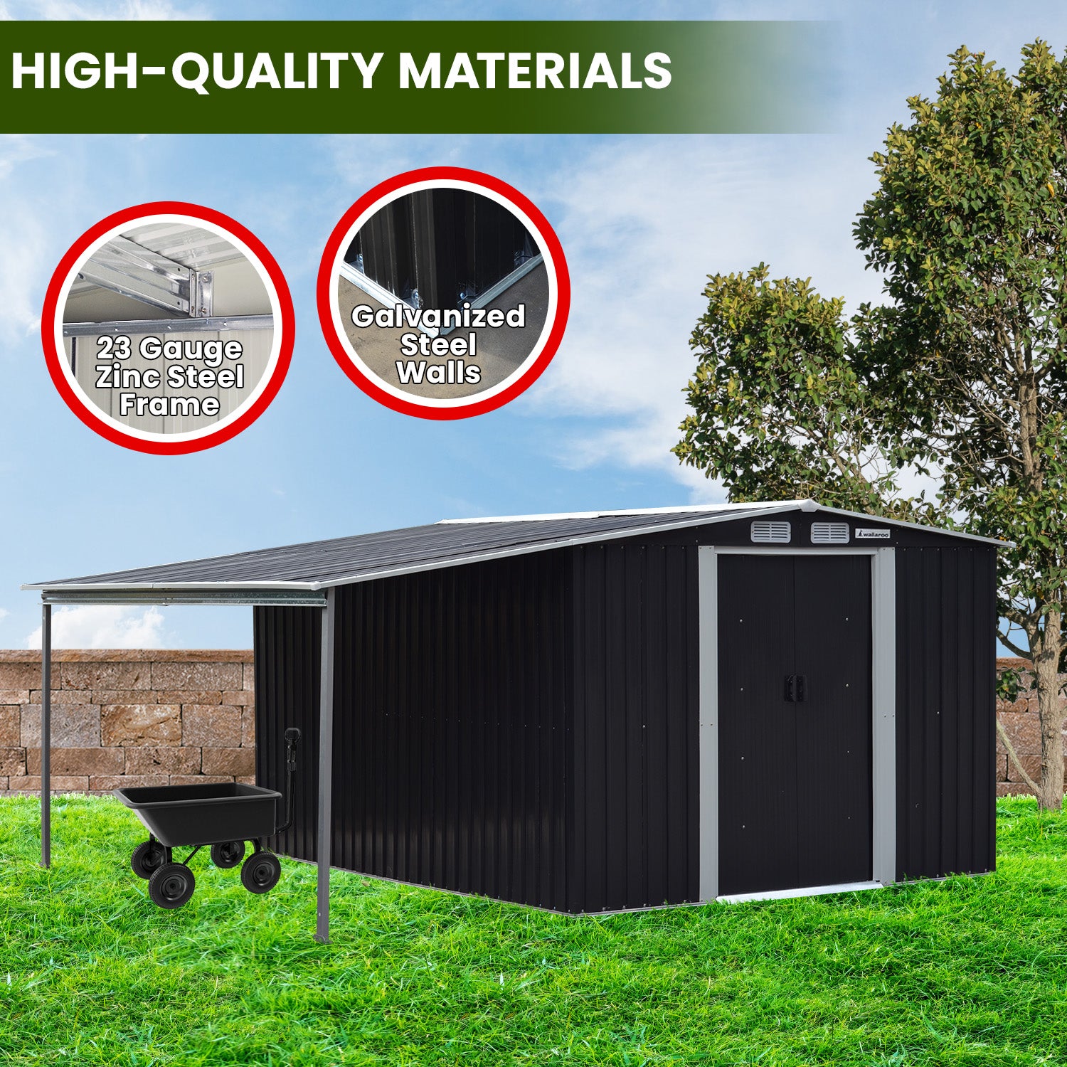 Sheds: Wallaroo 6x8ft Zinc Steel Garden Shed with Open Storage - Black