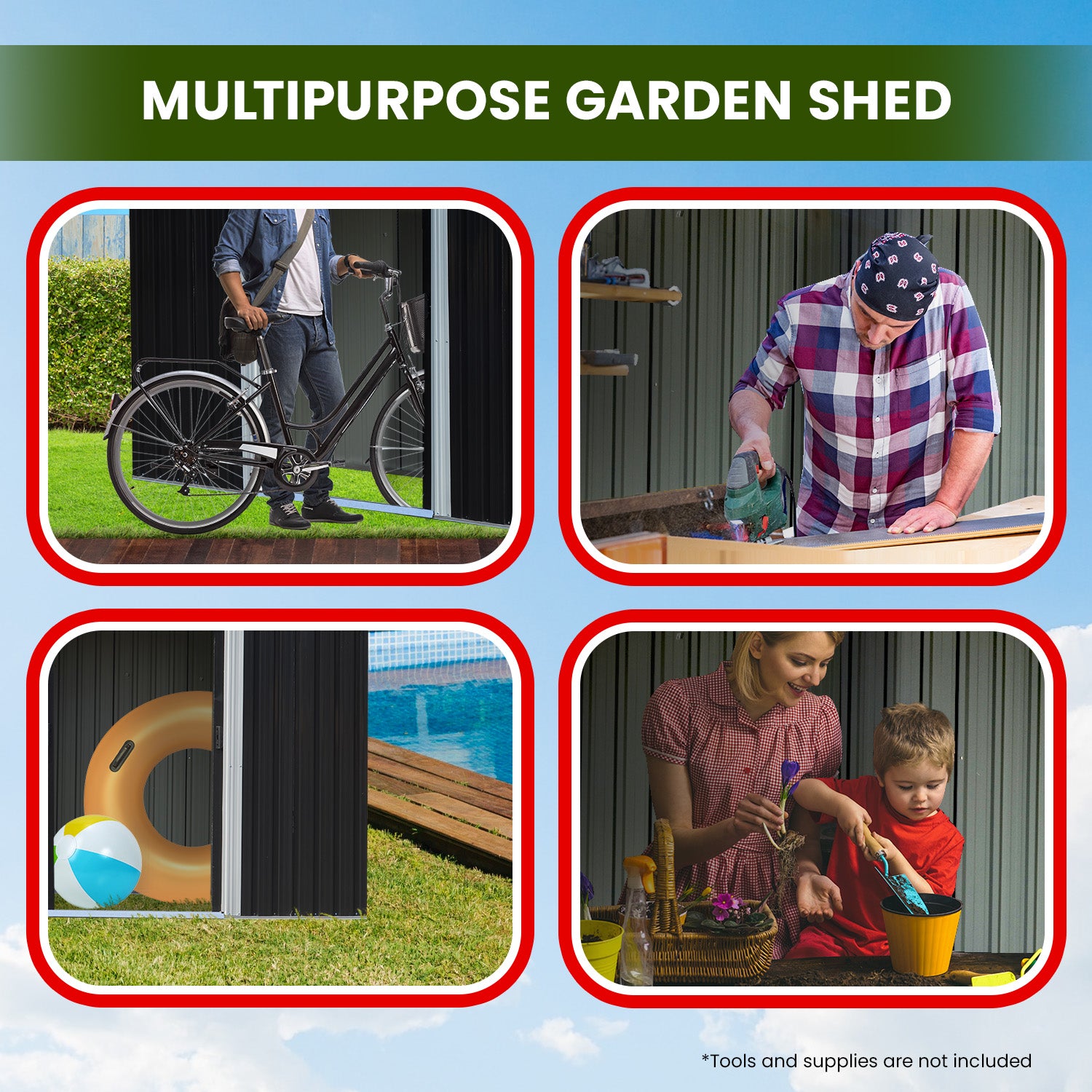 Sheds: Wallaroo 6x8ft Zinc Steel Garden Shed with Open Storage - Black