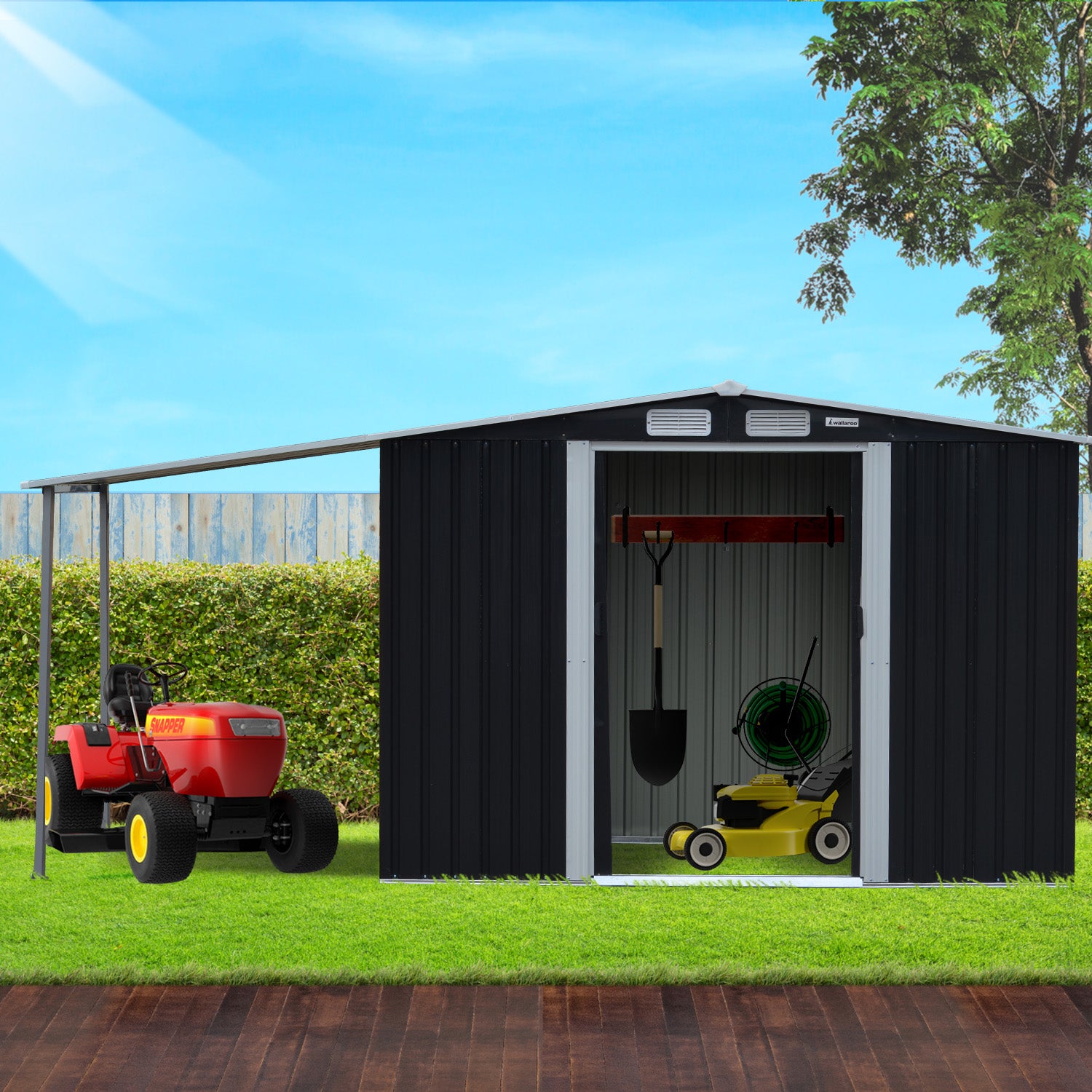 Sheds: Wallaroo 6x8ft Zinc Steel Garden Shed with Open Storage - Black