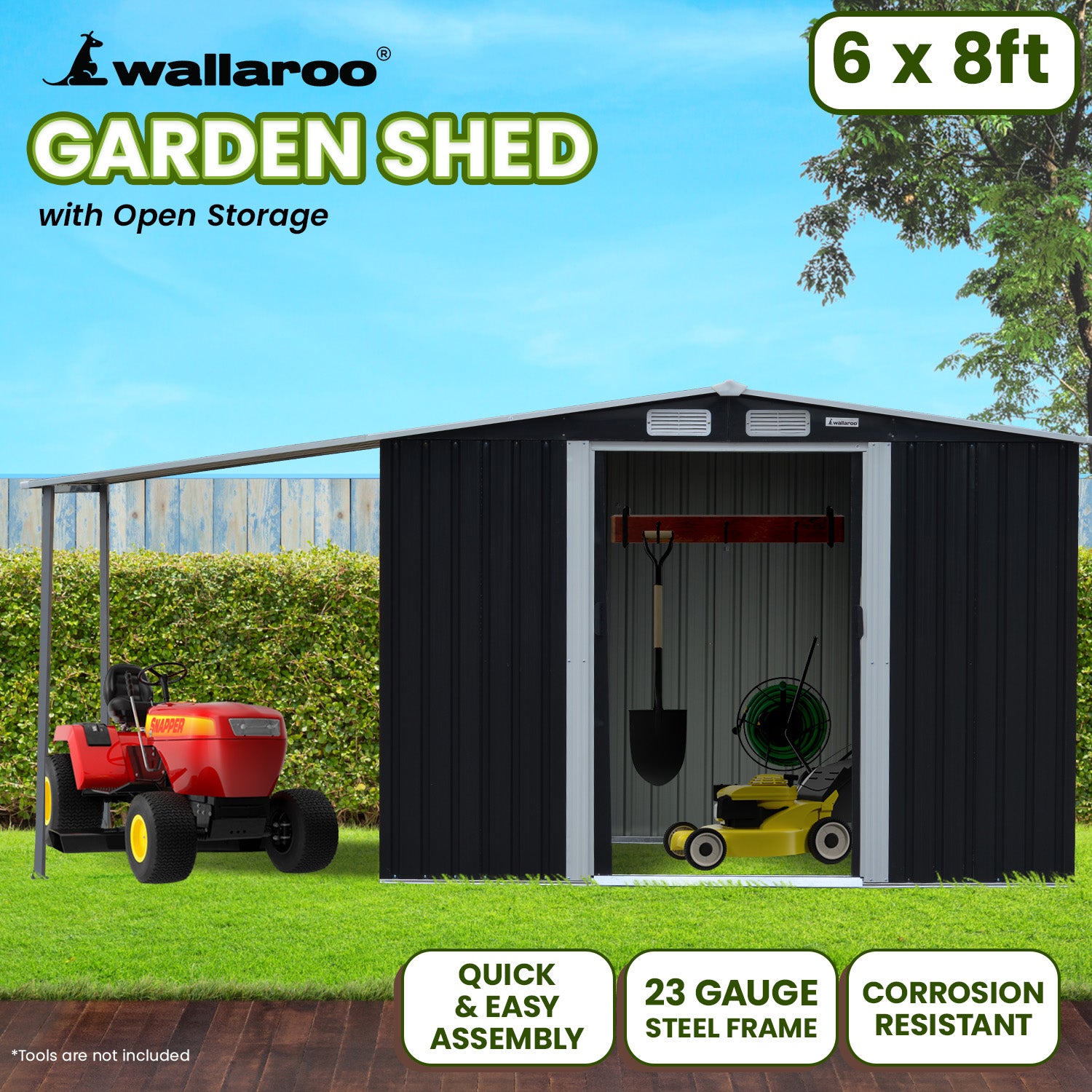 Sheds: Wallaroo 6x8ft Zinc Steel Garden Shed with Open Storage - Black