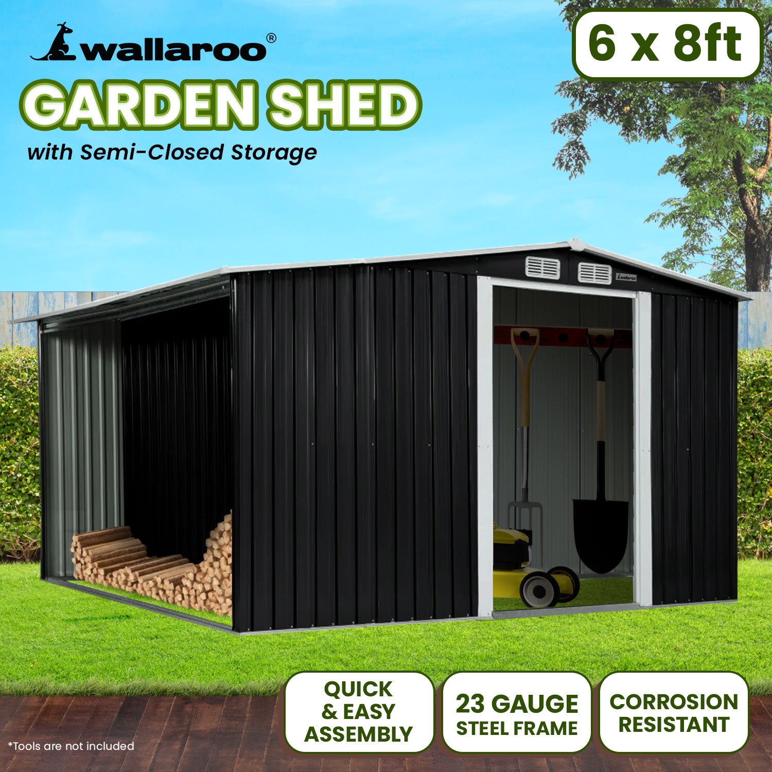 Sheds: Wallaroo Garden Shed with Semi-Close Storage 6*8FT - Black