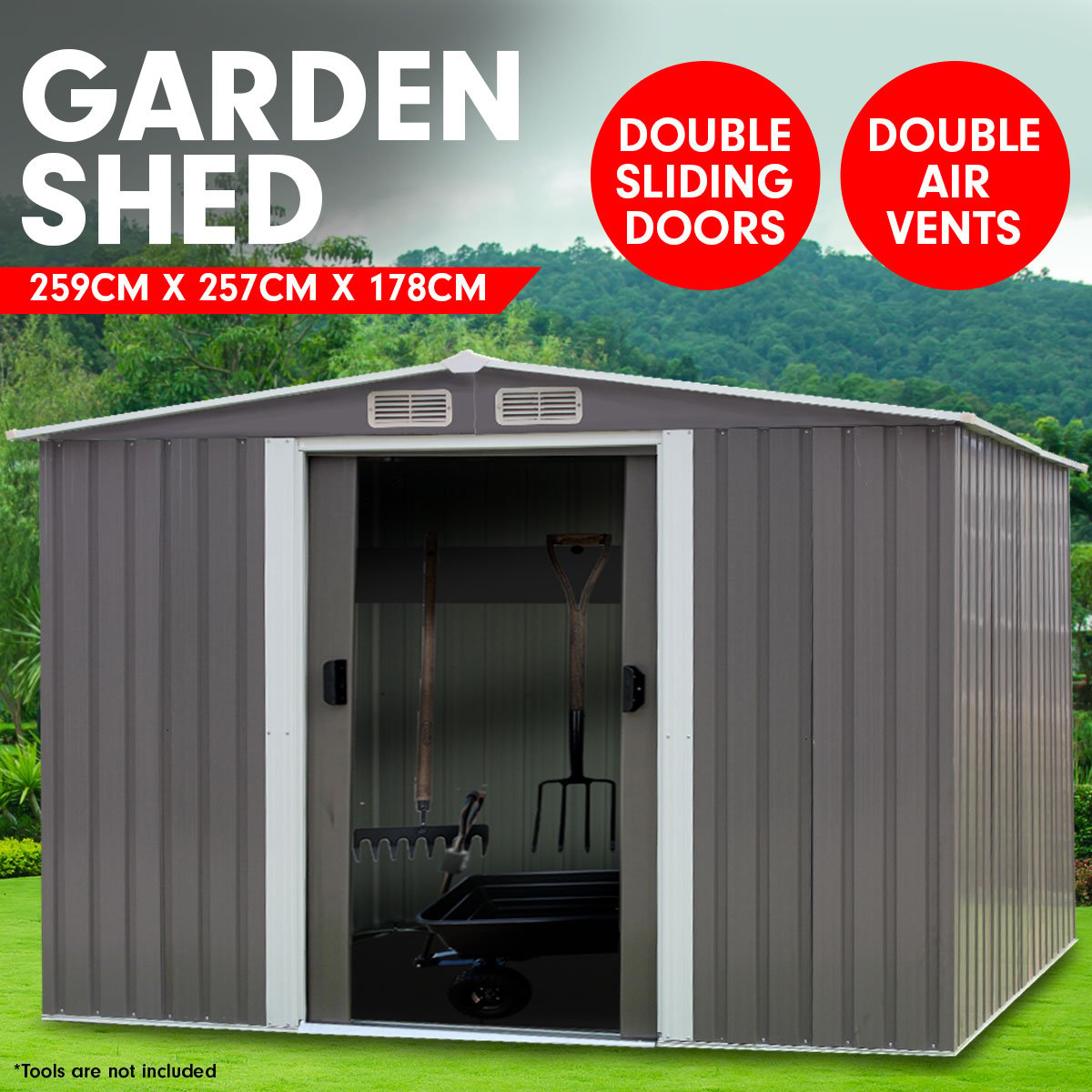 Sheds: Wallaroo Garden Shed Spire Roof 8ft x 8ft Outdoor Storage Shelter - Grey