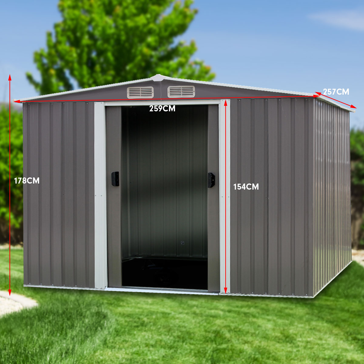 Sheds: Wallaroo Garden Shed Spire Roof 8ft x 8ft Outdoor Storage Shelter - Grey