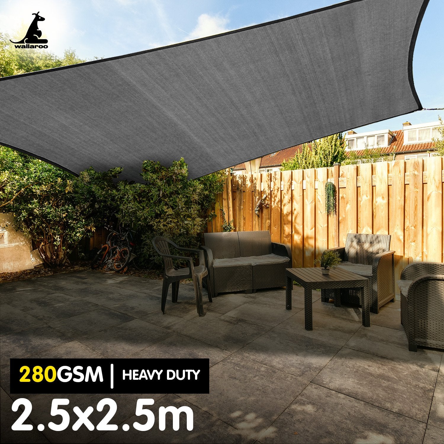 Canopies & Gazebos: Wallaroo 280gsm Outdoor Sun Shade Sail Canopy Grey Square 2.5m X 2.5m