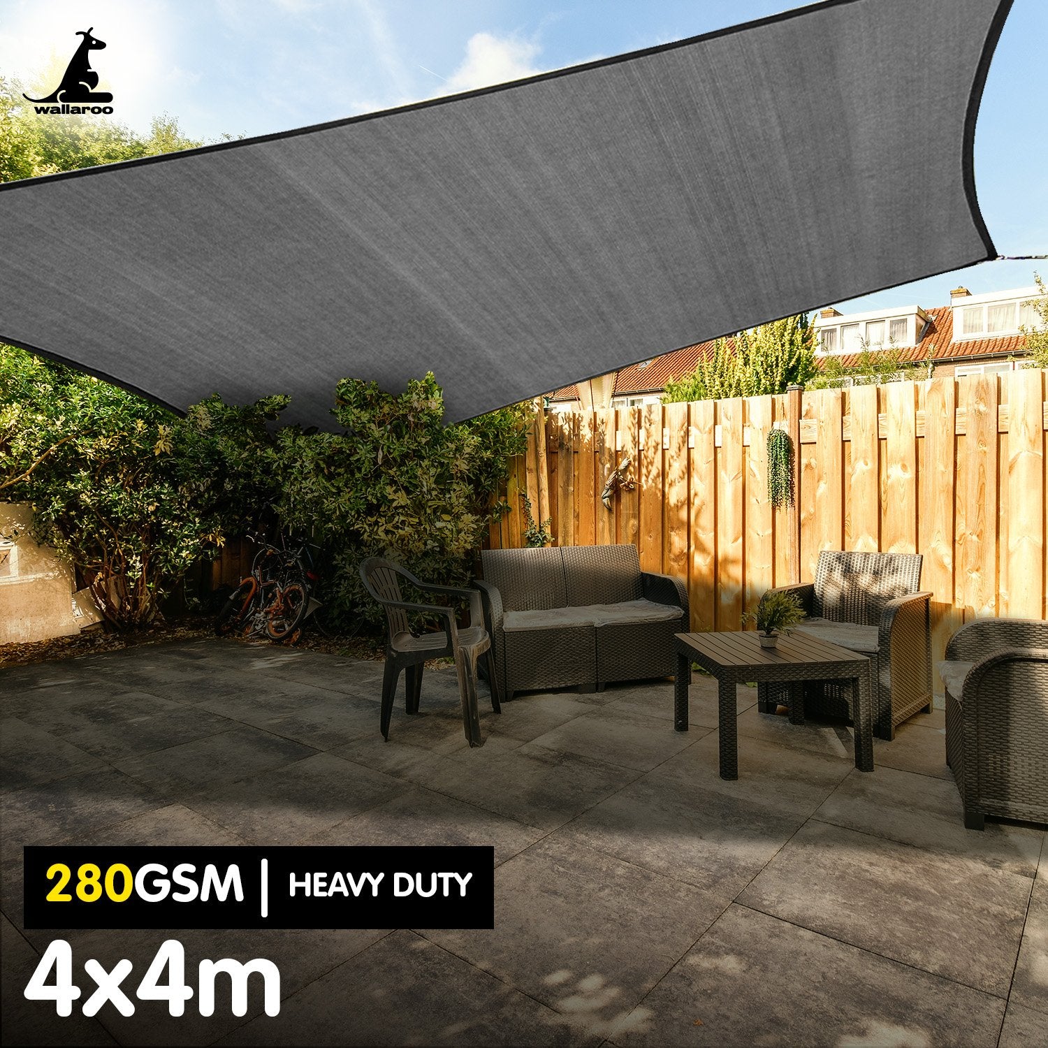 Canopies & Gazebos: Wallaroo 280gsm Outdoor Sun Shade Sail Canopy Grey - 4m X 4m