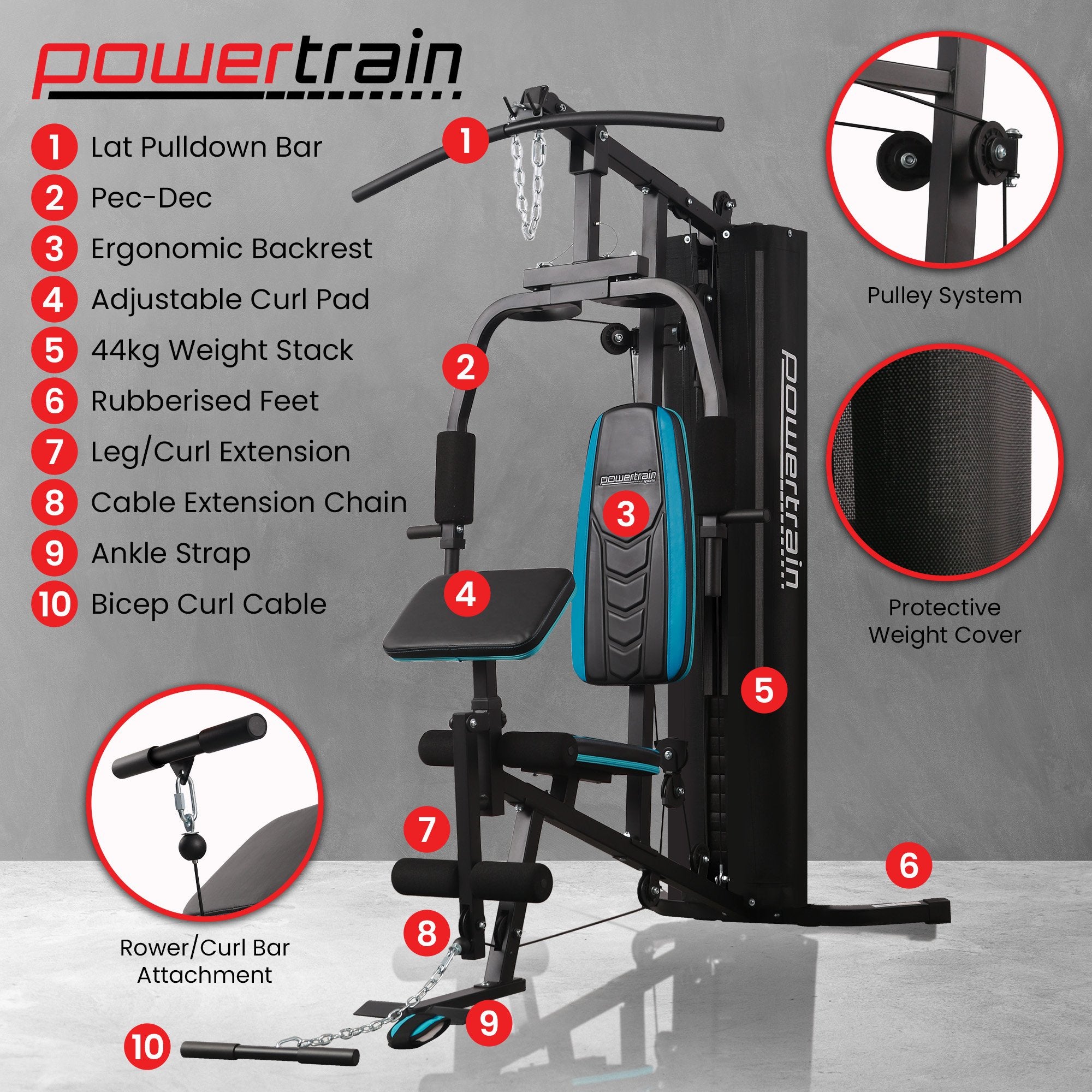 Exercise Bikes: Powertrain JX-300 Multi Station Home Gym 44kg Weight Stack Cable Machine, Curl Pad Leg Extension and Pull-down Bar