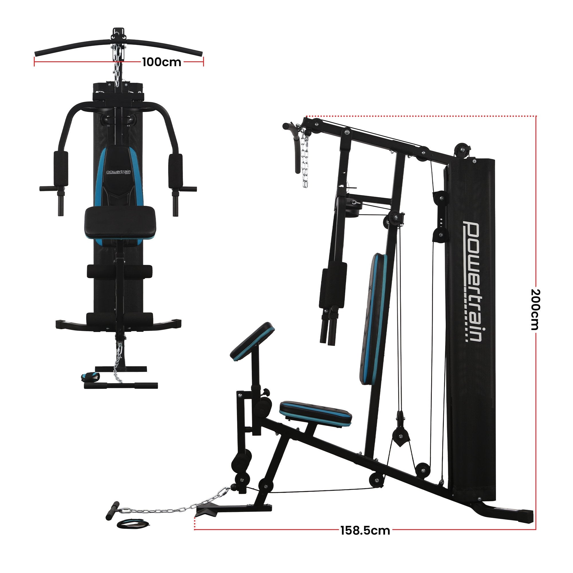 Exercise Bikes: Powertrain JX-300 Multi Station Home Gym 44kg Weight Stack Cable Machine, Curl Pad Leg Extension and Pull-down Bar