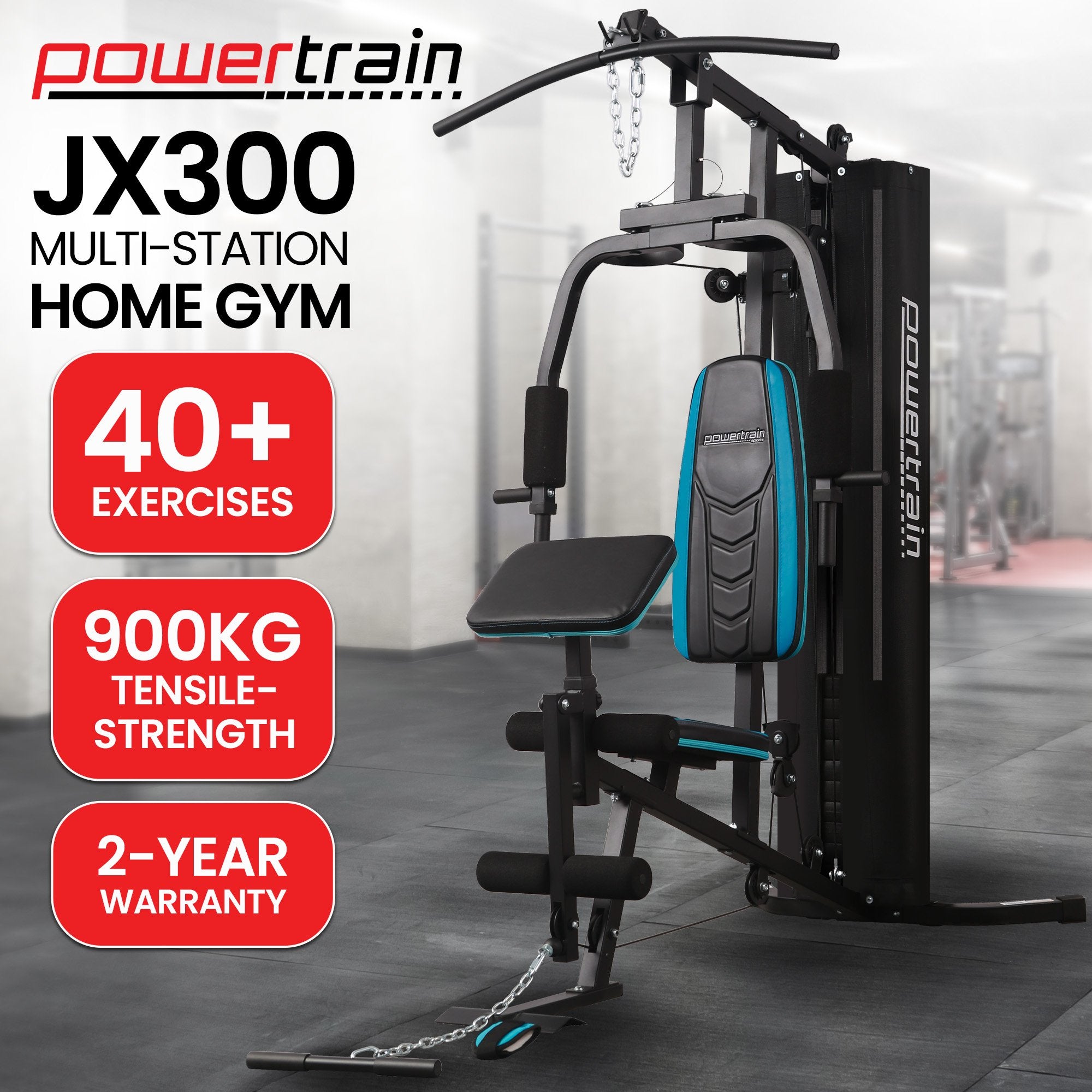 Exercise Bikes: Powertrain JX-300 Multi Station Home Gym 44kg Weight Stack Cable Machine, Curl Pad Leg Extension and Pull-down Bar