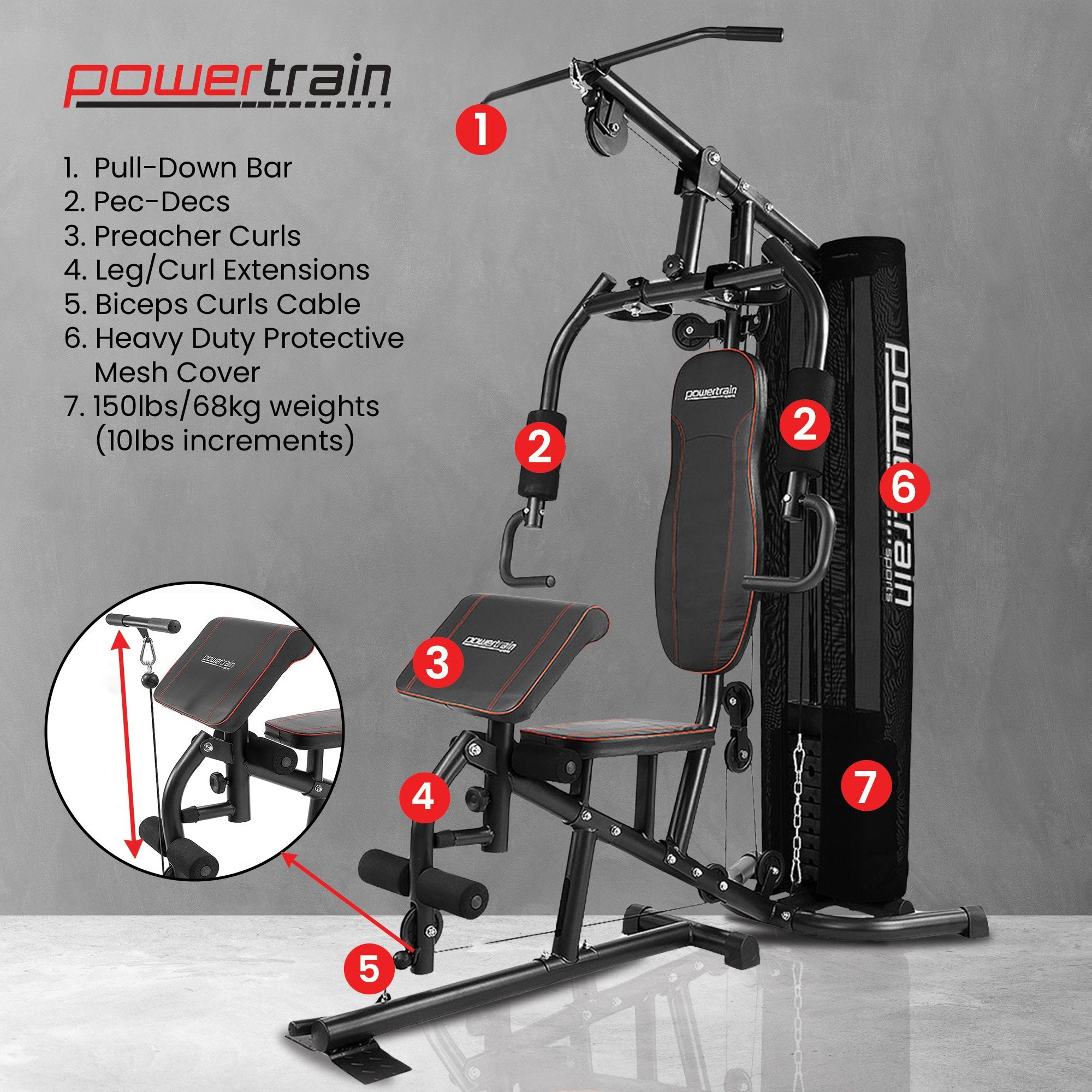 Weightlifting Machines & Racks: Powertrain Multi Station Home Gym With 68kg Weights Preacher Curl Pad