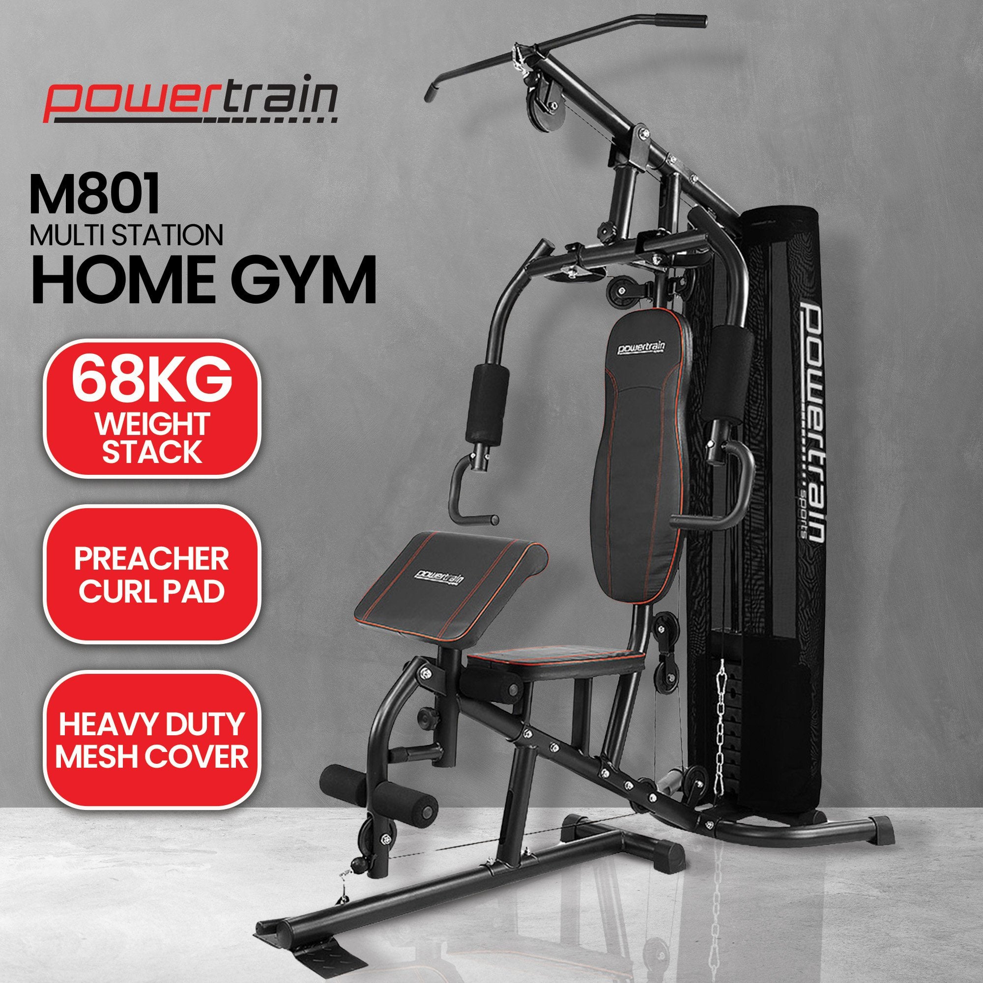 Weightlifting Machines & Racks: Powertrain Multi Station Home Gym With 68kg Weights Preacher Curl Pad