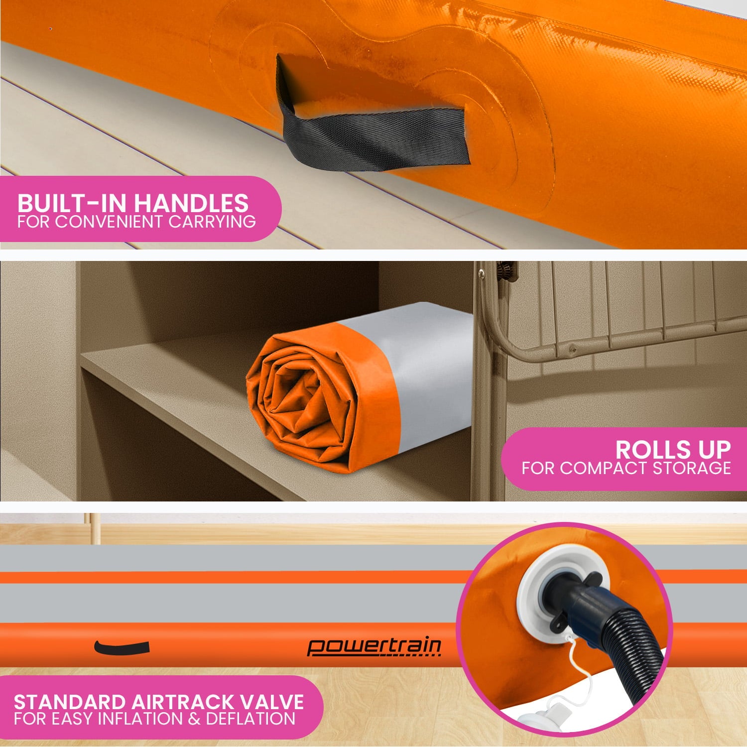 Powertrain Airtrack 20cm Thick 3m x 1m Inflatable Gymnastics Tumbling Mat Air Track - Orange